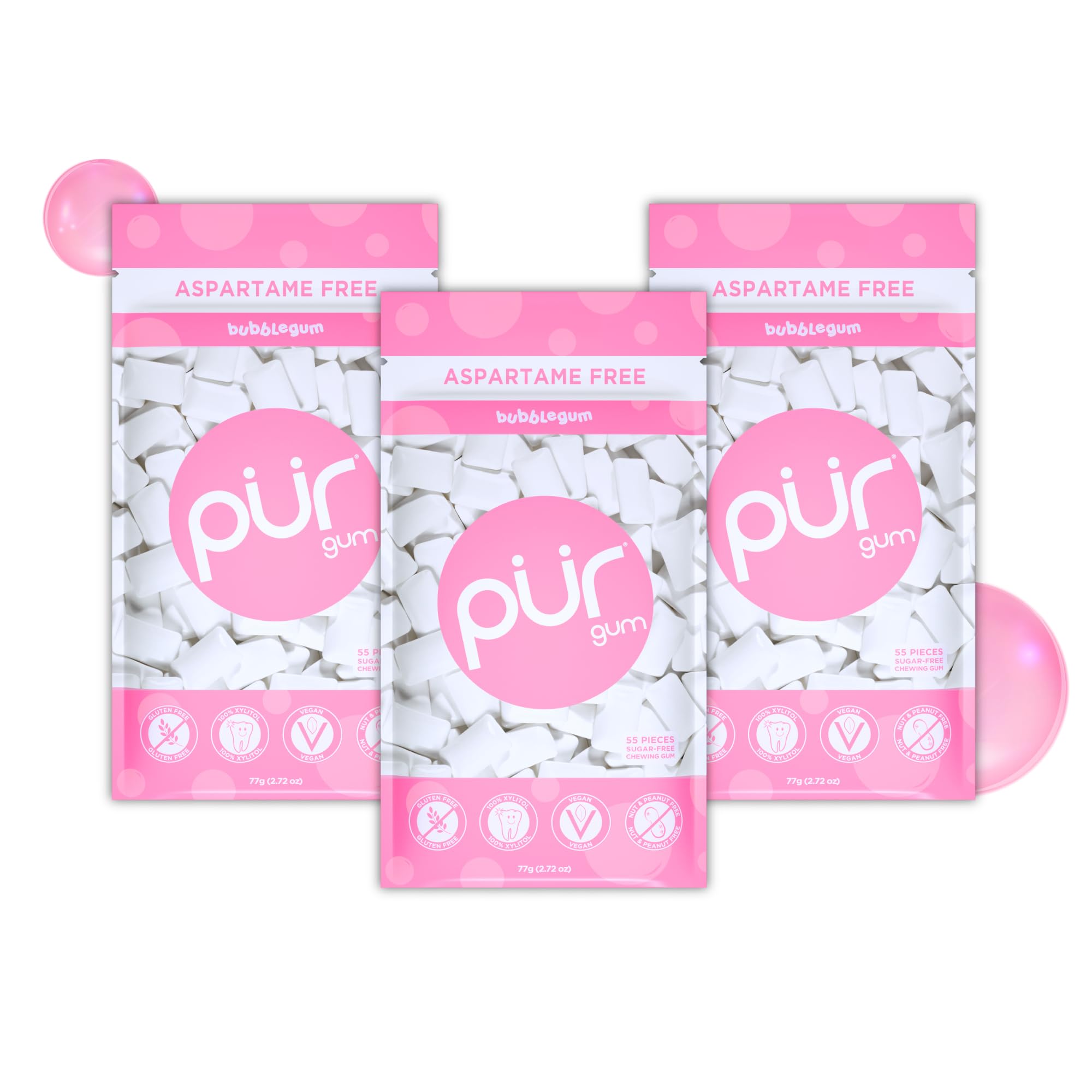 PUR Gum - Natural Bubblegum Flavoured Sugar-Free Chewing Gum (55 Pieces, Pack of 3)