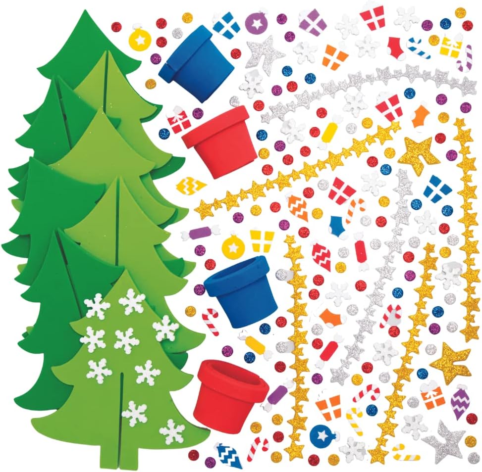 Baker Ross AX427 Christmas Tree Craft Kit - Pack of 4 Foam Decorations for Kids 6