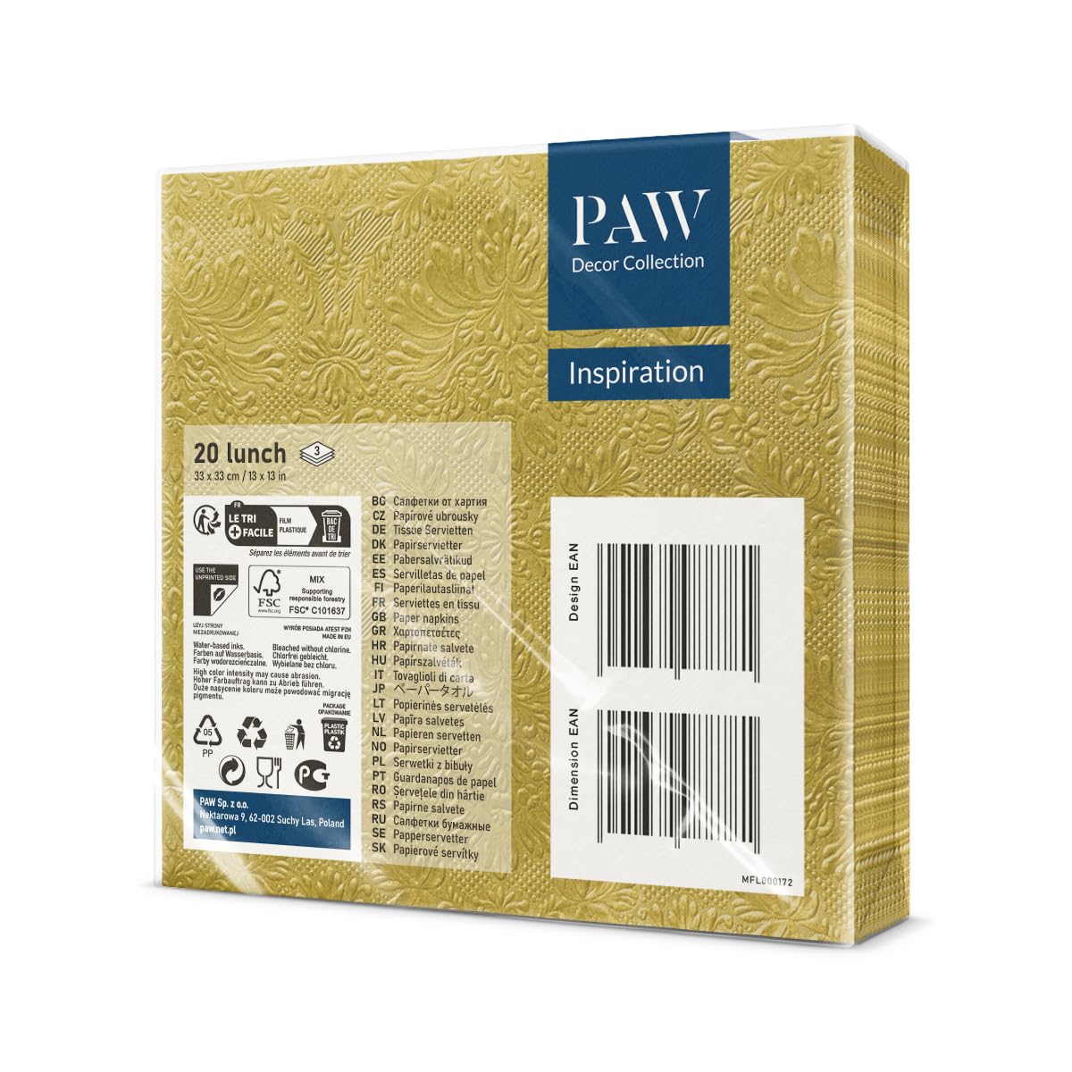 PAW Decor Collection Gold 3-Ply Napkins (33 x 33 cm) – 20 Pieces, FSC & Ecolabel-Certified 3