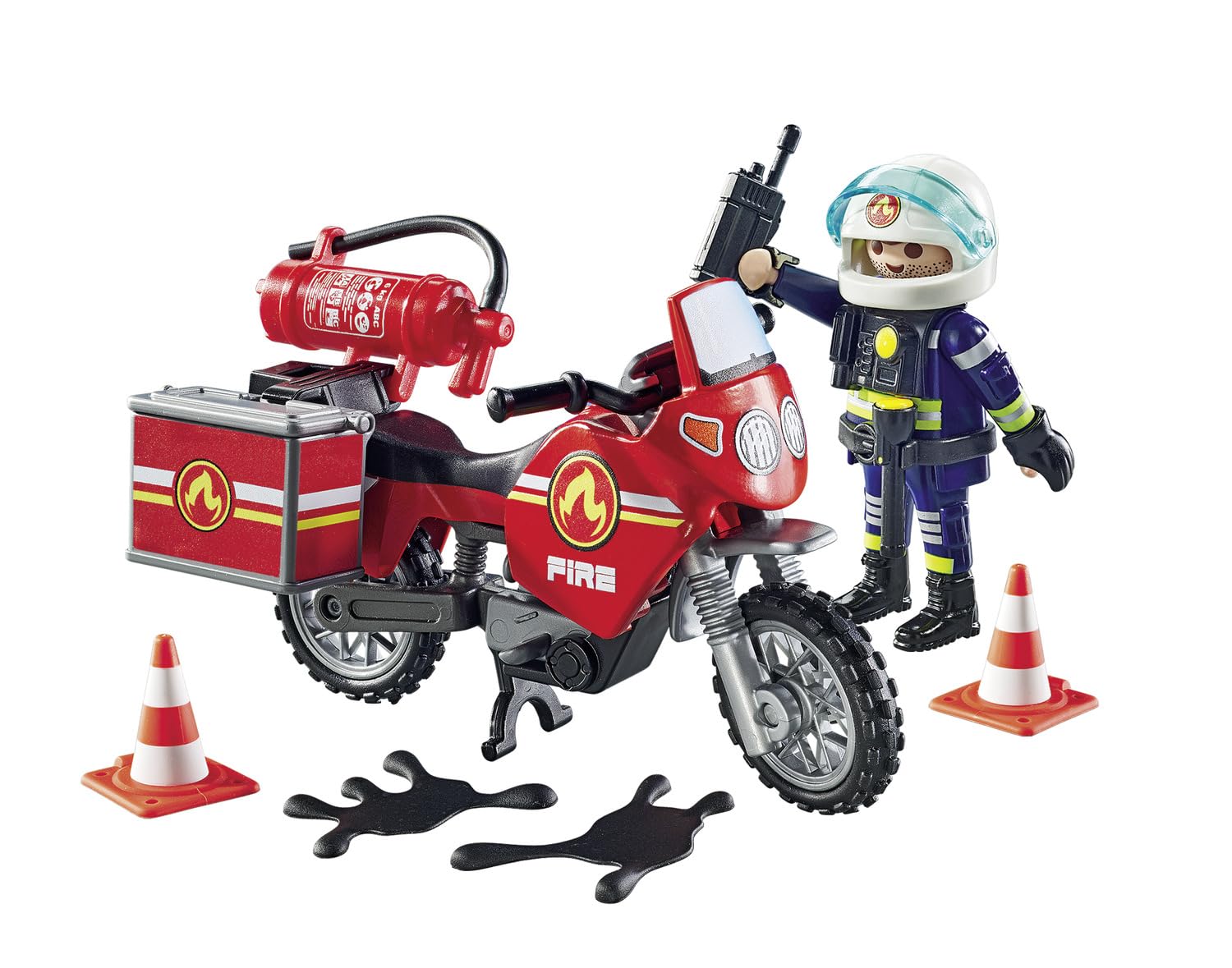 Playmobil 71466 Action Heroes: Motorcycle & Oil Spill Incident Playset - Firefighter Rescue Vehicle with Realistic Role-Play Accessories for Kids 4+