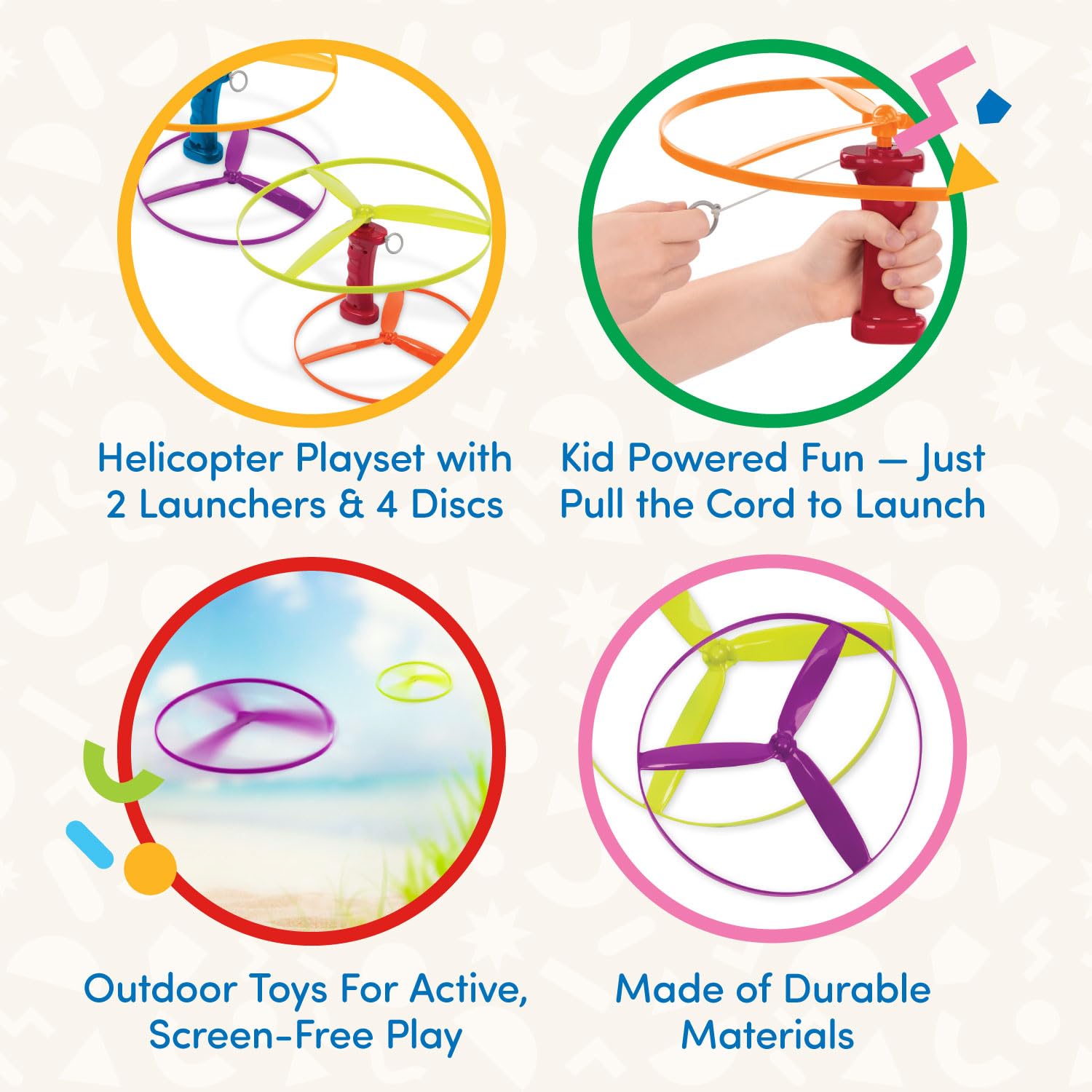 Battat Skyrocopter Flying Disc Toy - 2 Launchers & 4 Discs - Pull String Helicopter Playset for Kids 3+ 4