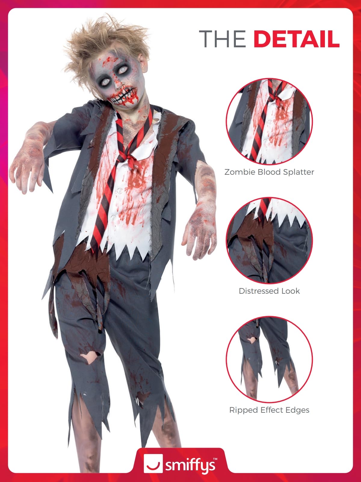 Smiffys Zombie School Boy Costume - Grey with Trousers, Jacket, Mock Shirt & Tie, Ages 10-12 6
