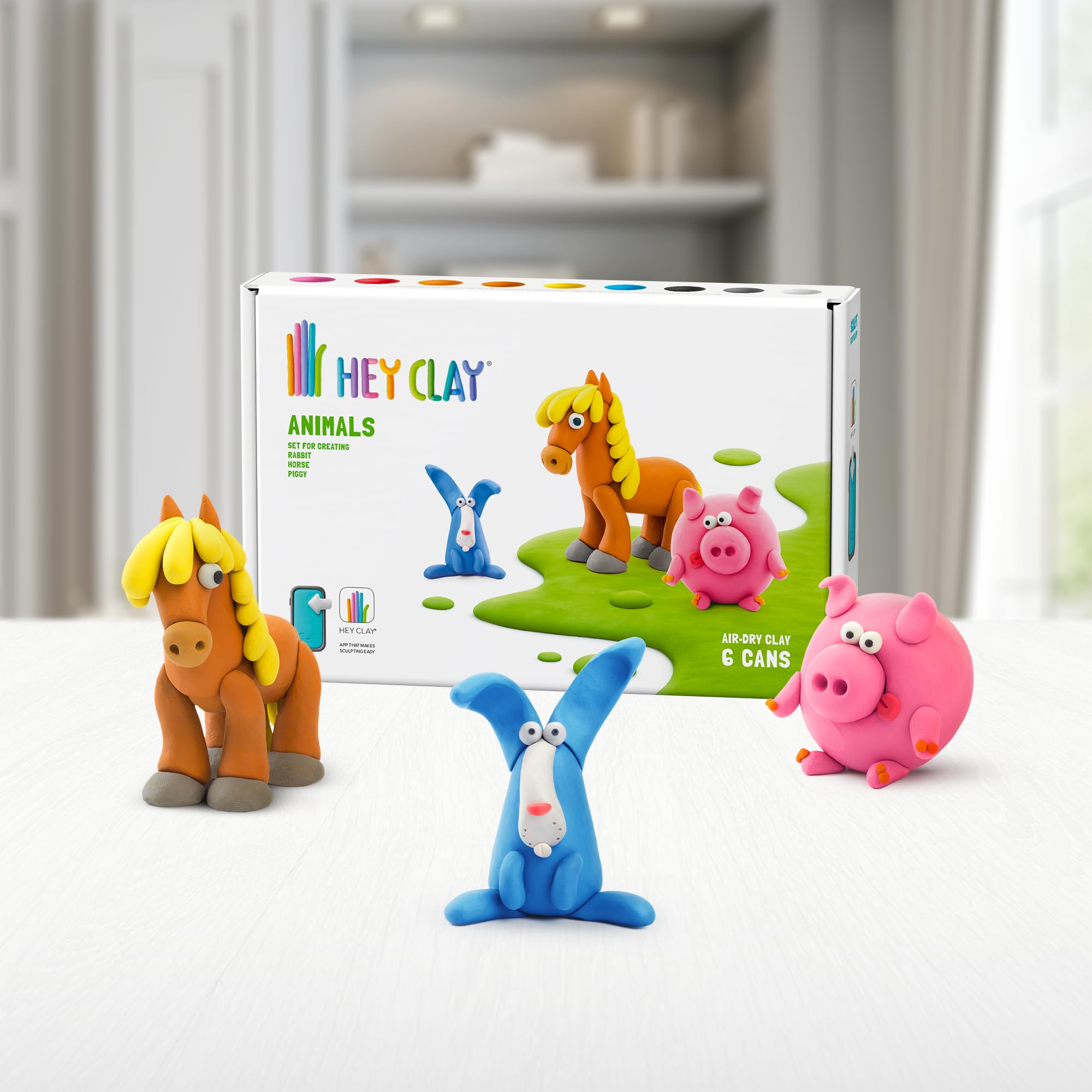 Hey Clay Animals: Piggy, Horse, Rabbit Set - Air Dry Modeling Clay Kit for Kids 3+ 18