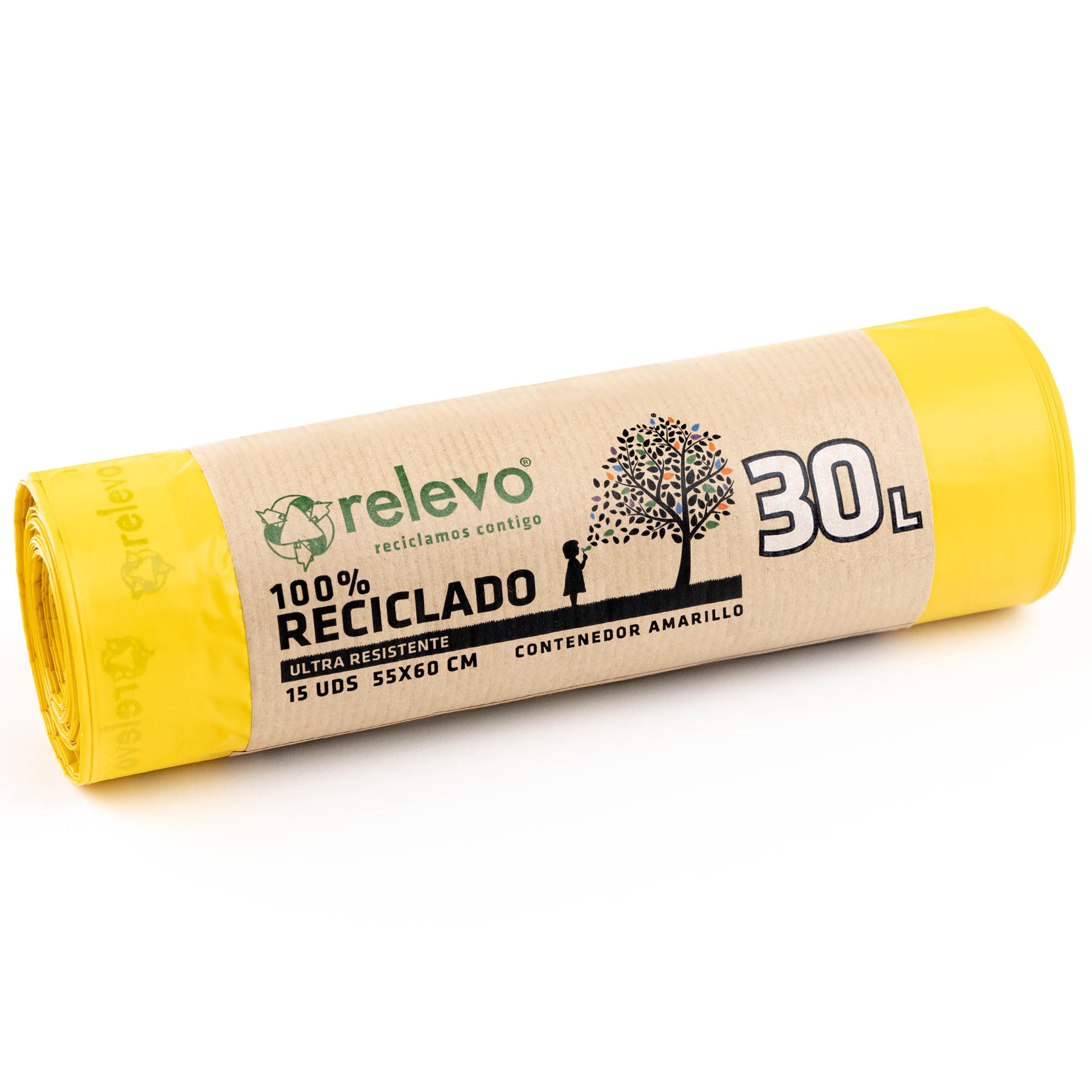 Relevo Yellow Drawstring Bin Bags - 30L (15 Count) | 100% Recycled Plastic | Made in Spain