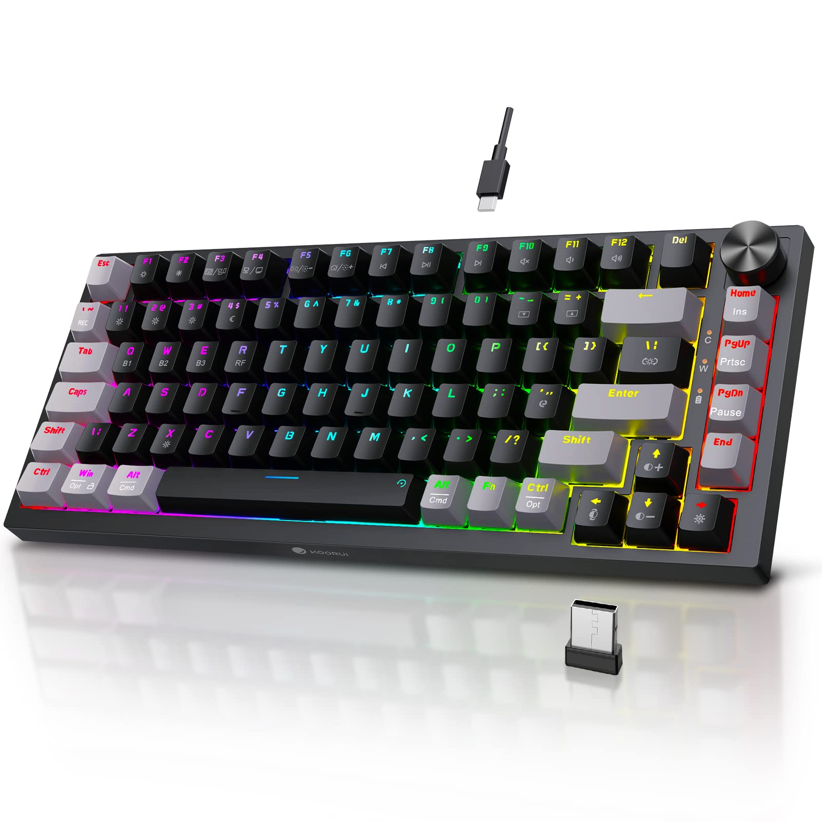 KOORUI MK082 Mechanische Gaming-Tastatur mit 82 Tasten – RGB-Hintergrundbeleuchtung, kabellos/kabelgebunden, roter Schalter