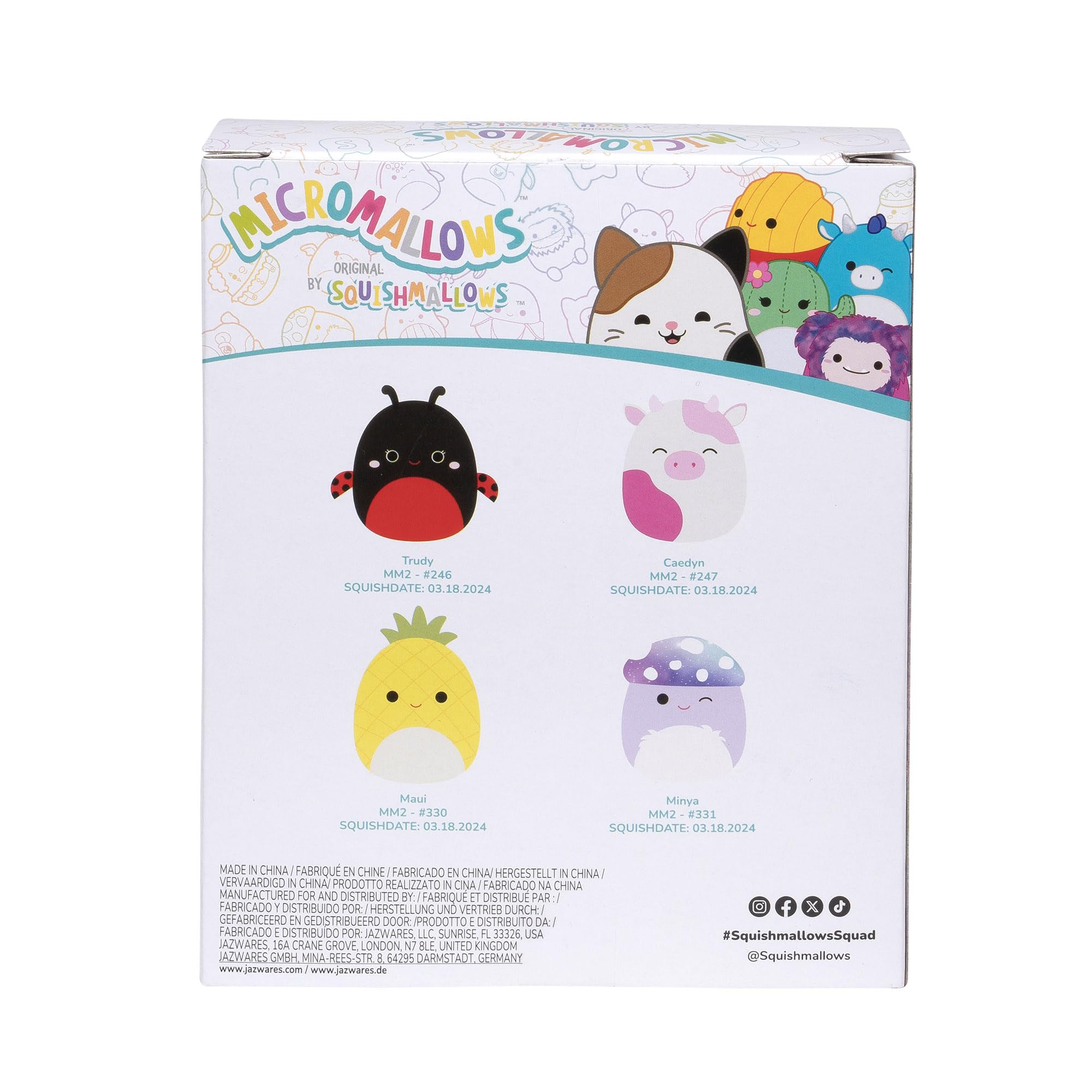 Squishmallows Micromallows 4-Pack Plush - Trudy Ladybug, Caedyn Cow, Maui Pineapple, Minya Mushroom 4