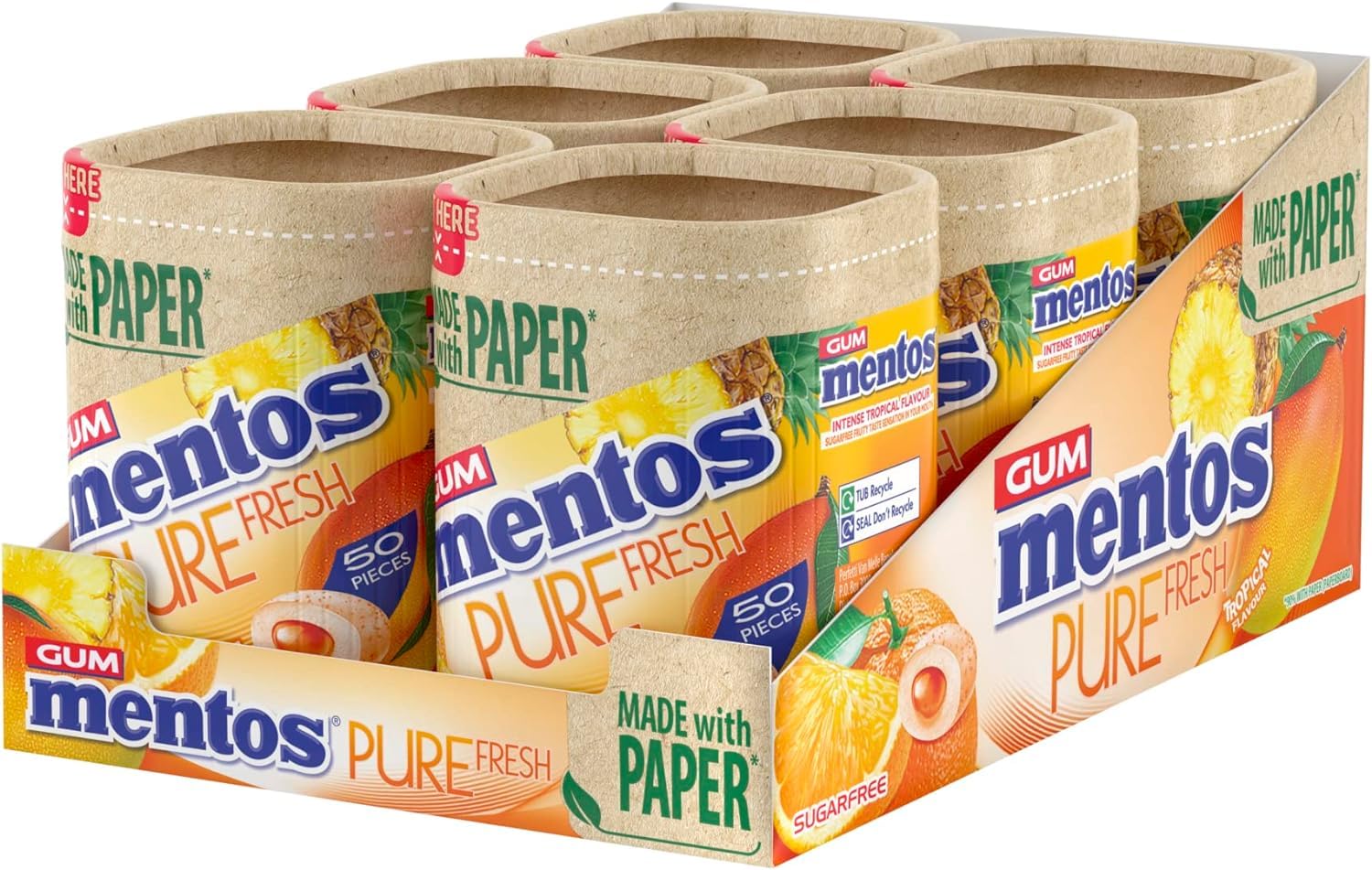 MENTOS GUM - Pure Fresh Chewing Gum, Sugar Free, Tropical Flavor, 50 Count (Pack of 6)