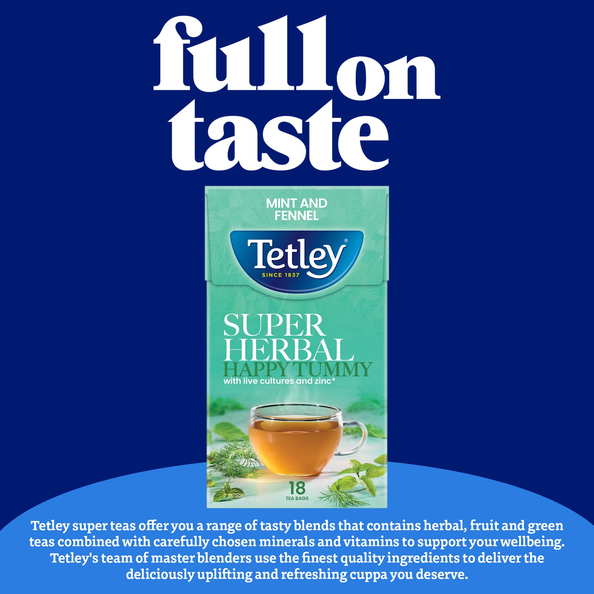 Tetley Super Herbal Happy Tummy Mint and Fennel Tea Bags for Digestion Support | 18 Count, 32.4g