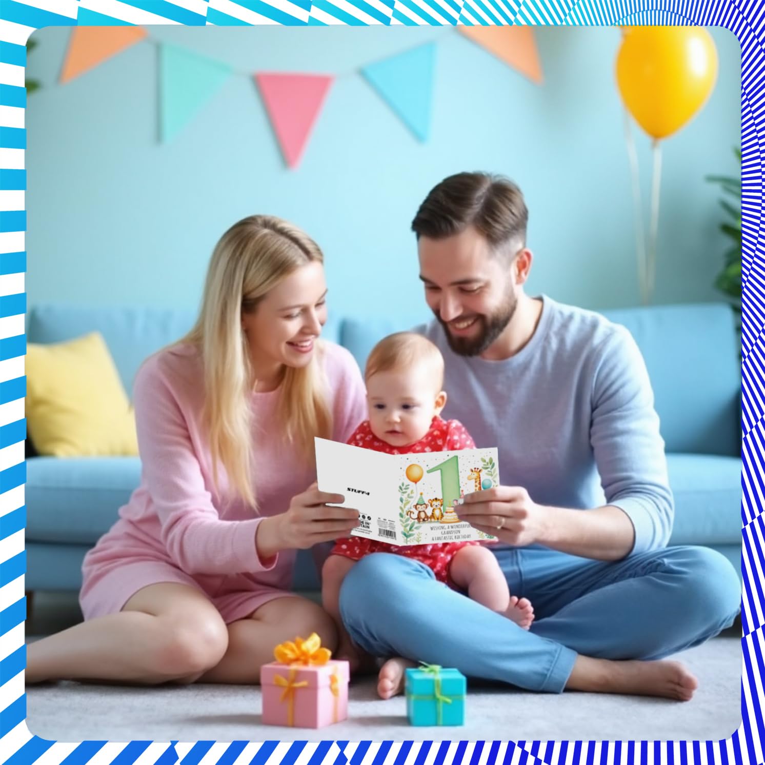 Stuff4 Playful 1st Birthday Card for Grandson | 145mm Square | Recyclable 7