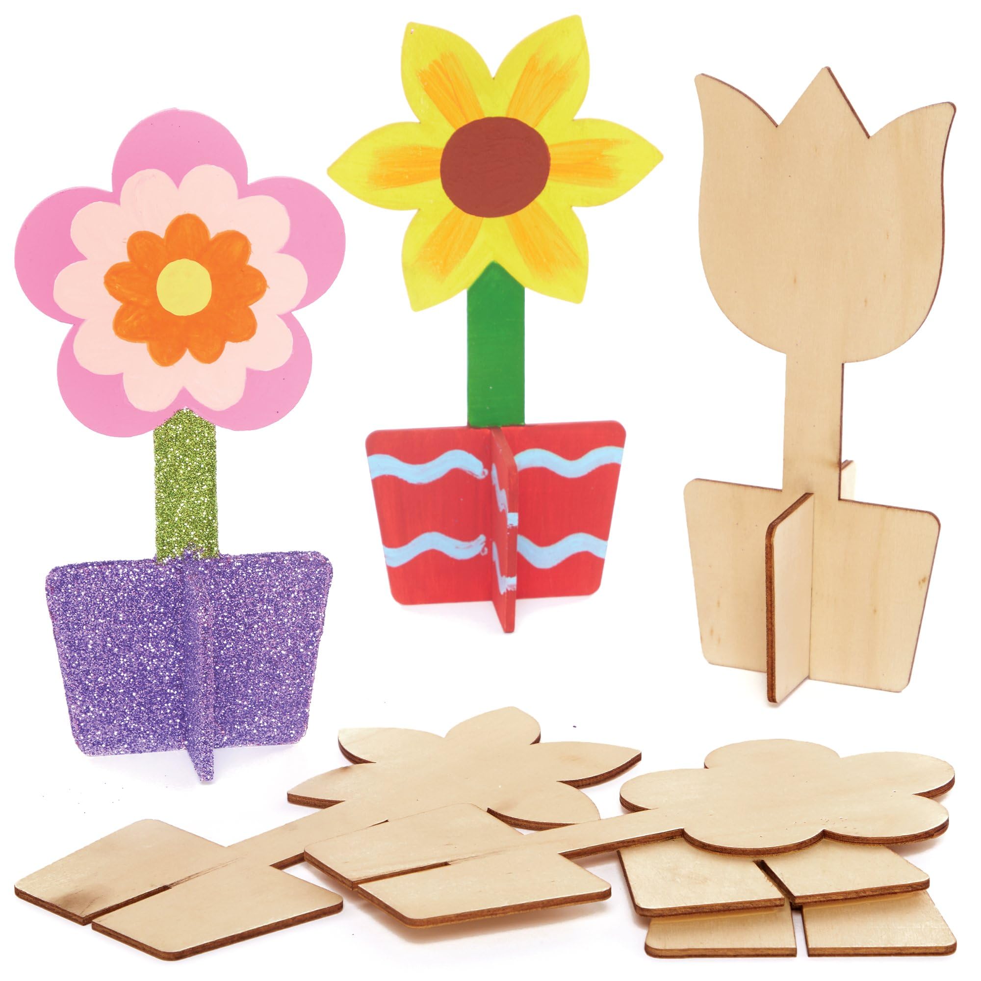 Baker Ross FC727 Flower 3D Wooden Stand Up Decorations - Pack of 6 Kits | 16cm Height