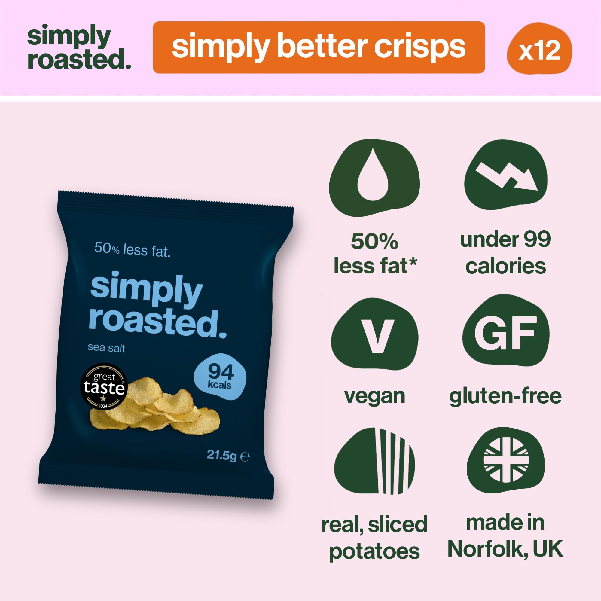 Simply Roasted Sea Salt Crisps Multipack - 12 x 21.5g Bags | 50% Less Fat | Vegan & Gluten-Free