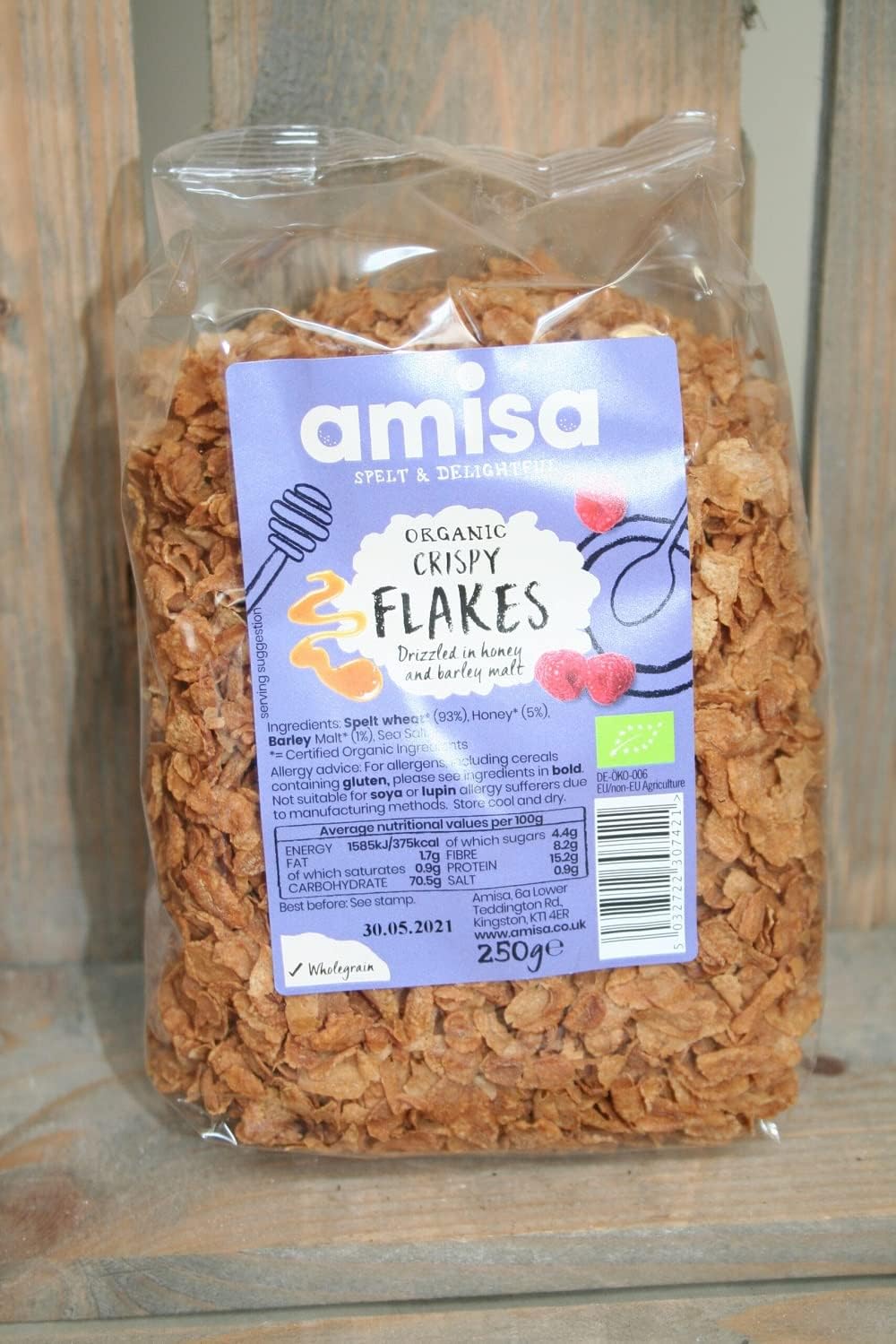 Amisa Organic Spelt Crispy Flakes 250g - High Fibre Breakfast Cereal with Honey & Barley Malt