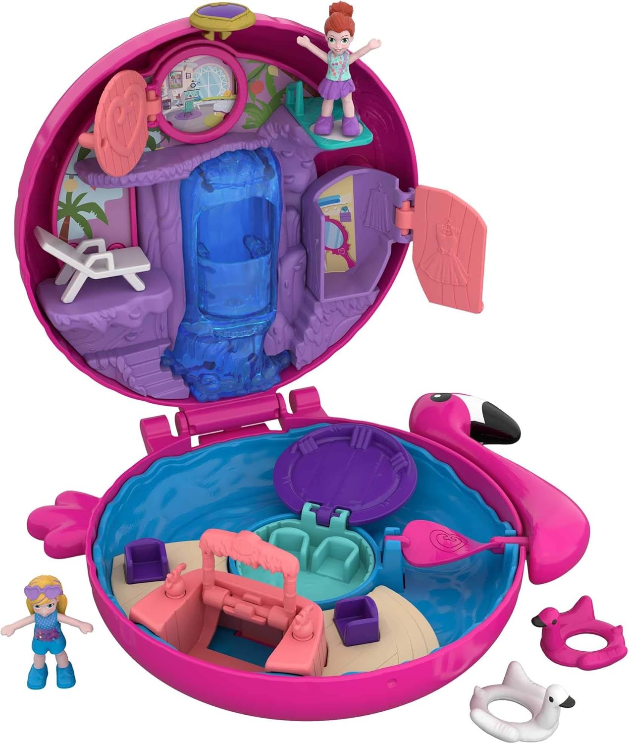 Polly Pocket Pocket World Flamingo Floatie Compact with Surprise Reveals, Micro Dolls & Accessories - Ages 4-10