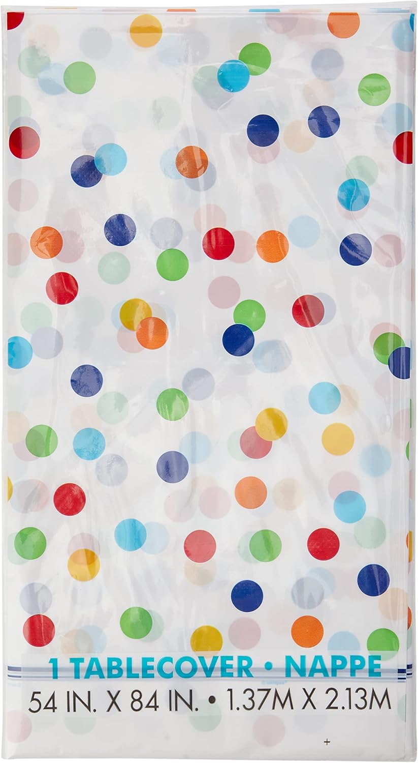 Rainbow Polka Dot Plastic Tablecloth 7ft x 4.5ft - Rectangular Party Table Cover