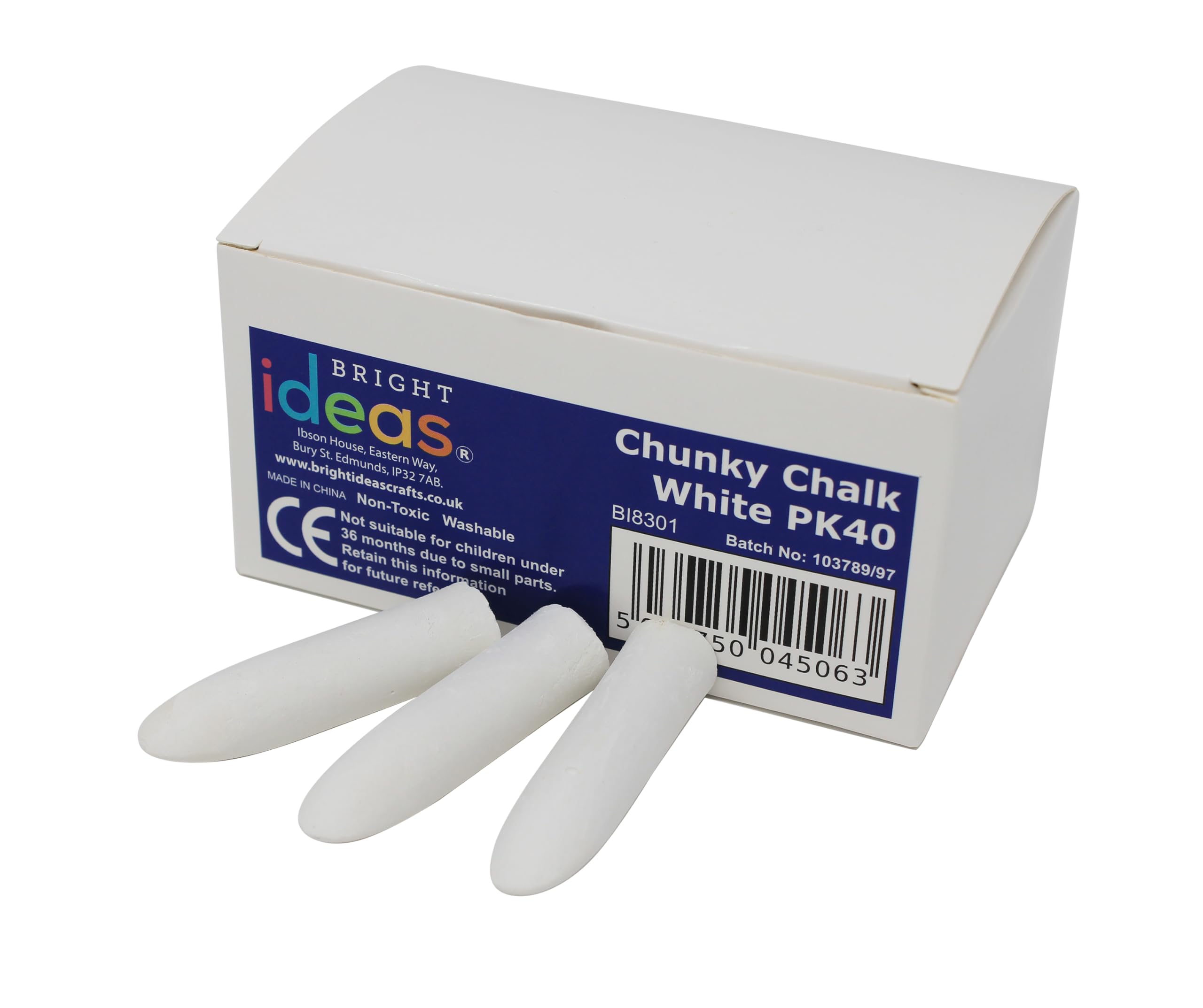 Bright Ideas PK40 5.5cm White Chunky Chalk Sticks - Outdoor Playground Chalk for Kids