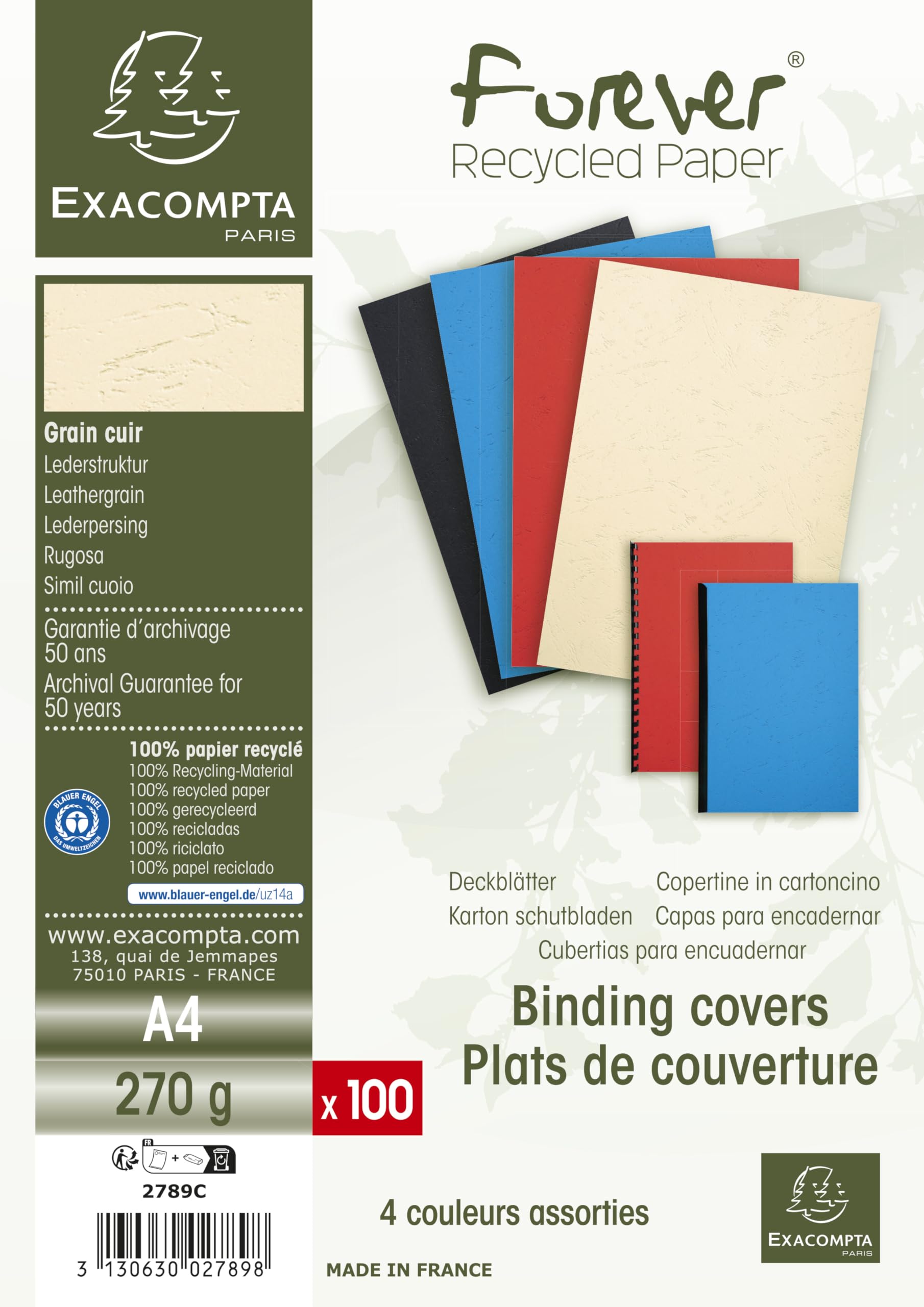 Exacompta Forever Collection Ref 2789C - A4 Binding Covers | Leather Grain Effect | 100 Pack Assorted