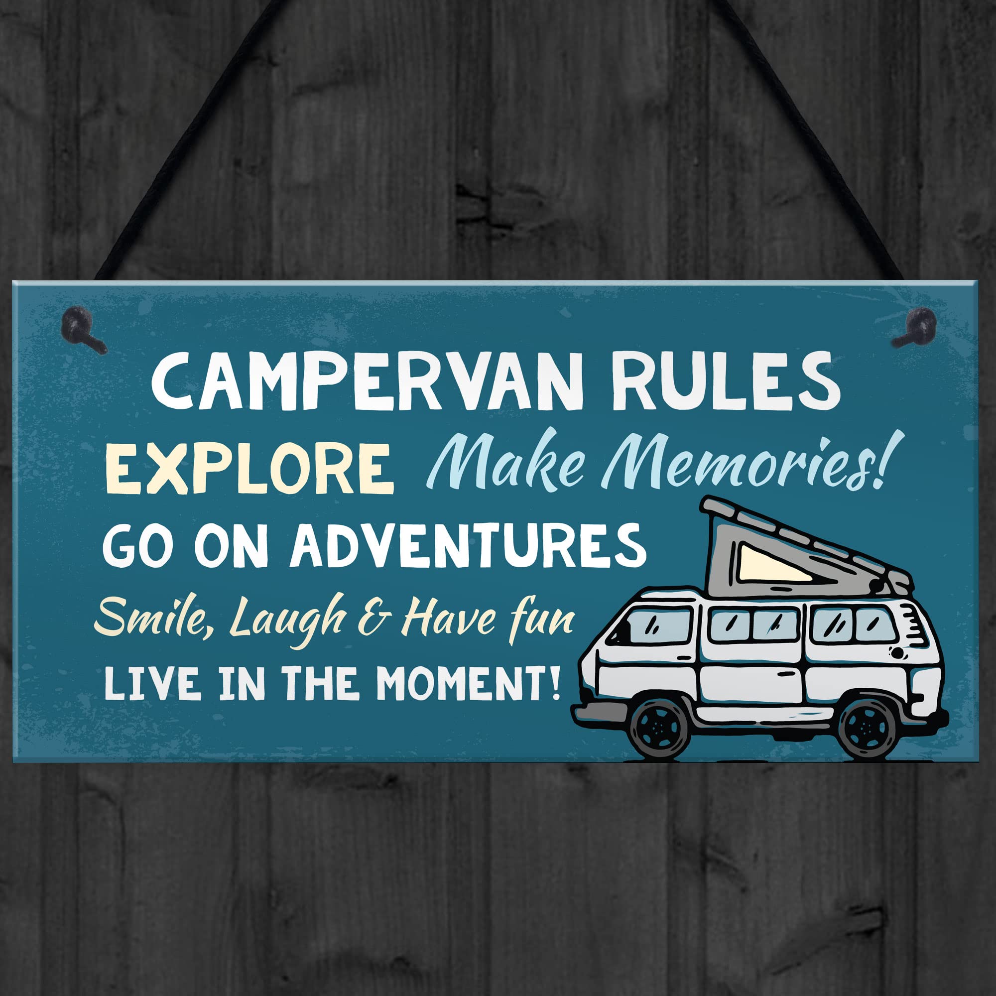 RED OCEAN Campervan Rules Hanging Door Plaque | Blue PVC | 200x100mm | Handmade in England 4