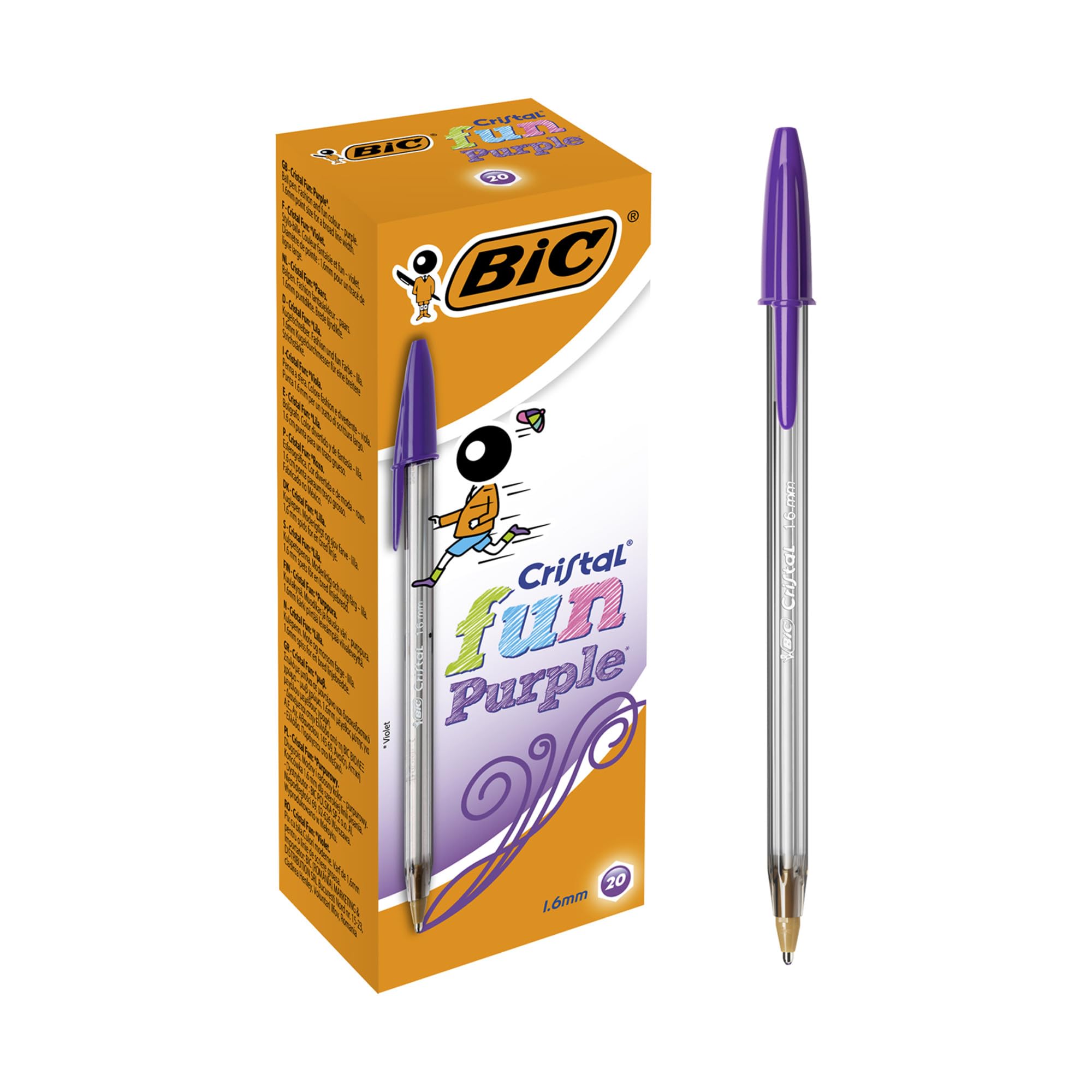 BIC Cristal Fun Ballpoint Pens - Wide 1.6mm Point, Smudge-Proof, Purple Ink, Pack of 20