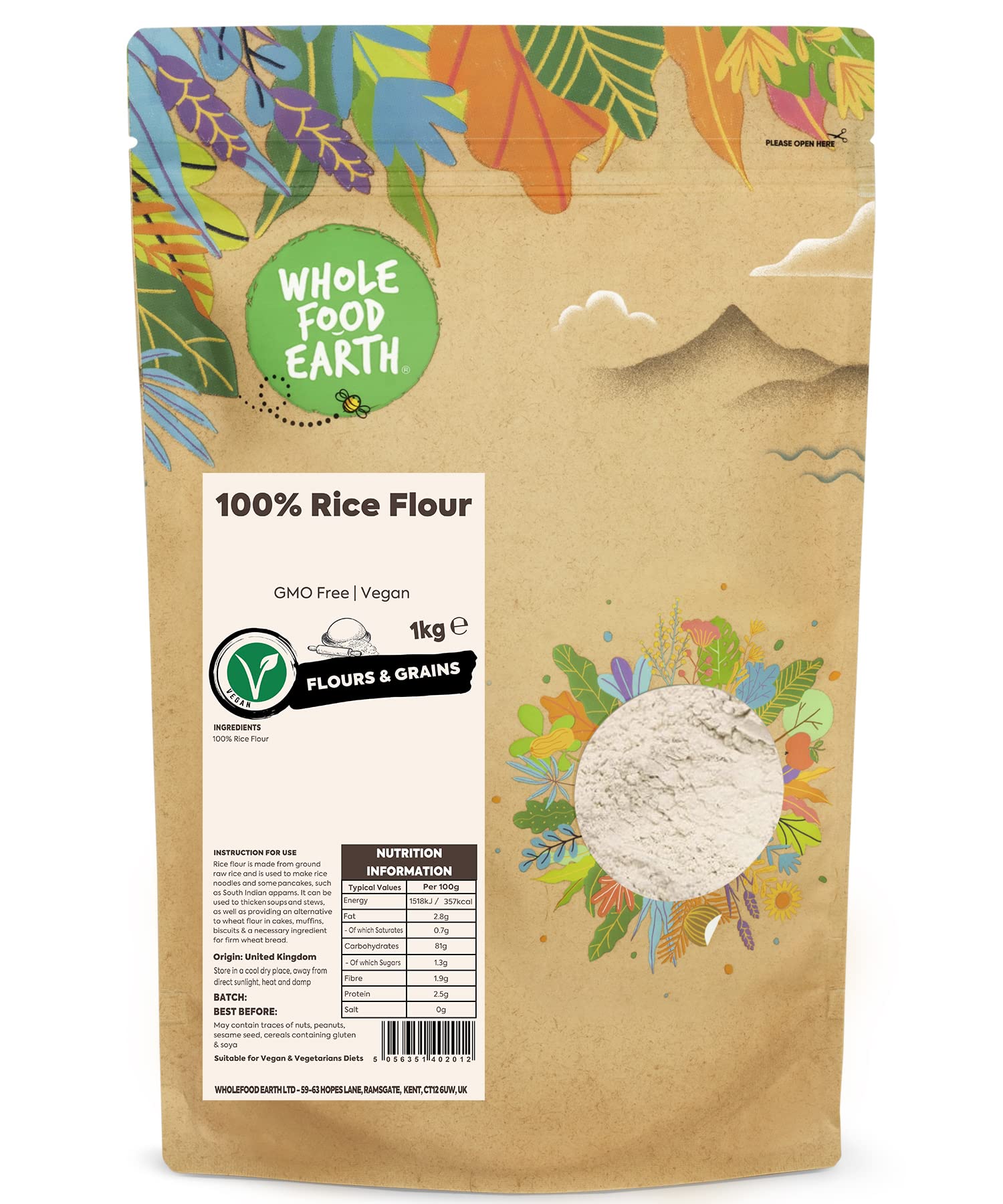 Wholefood Earth 100 % Reismehl 1 kg – gentechnikfrei, vegan, recycelbare Verpackung