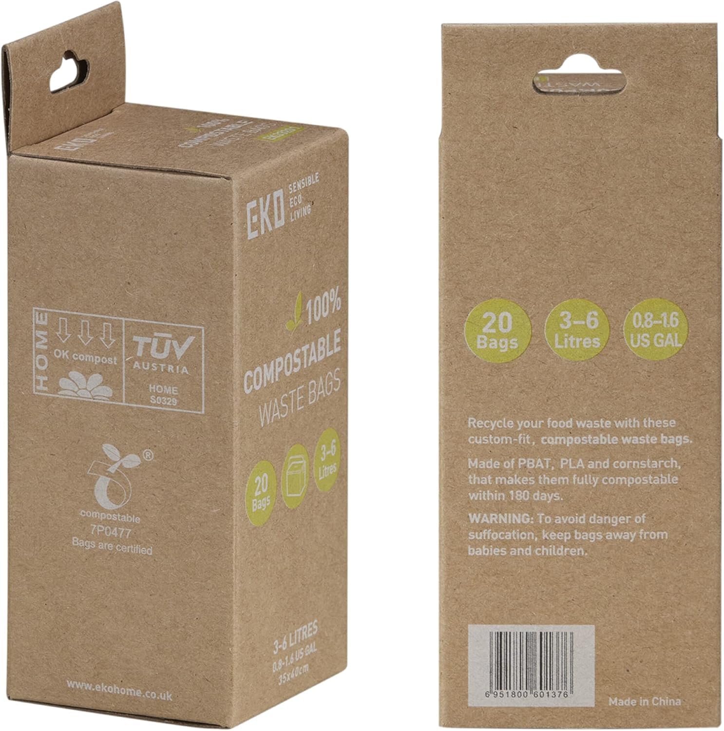 EKO Compostable Bin Liners for Food Waste Caddies, 3-6L Capacity, 20 Bags, White 6
