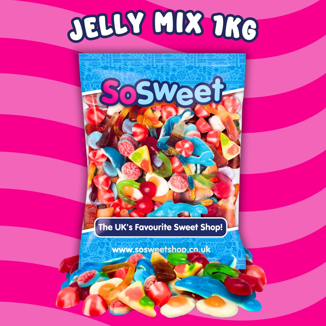 SoSweet Jelly Sweet Mix – 1-kg-Großpackung mit zähen Gelee-Süßigkeiten | Party-Pick &amp; Mix, Leckereien zum Teilen, Gummibärchen, Cola-Flaschen, Doppelkirschen 3