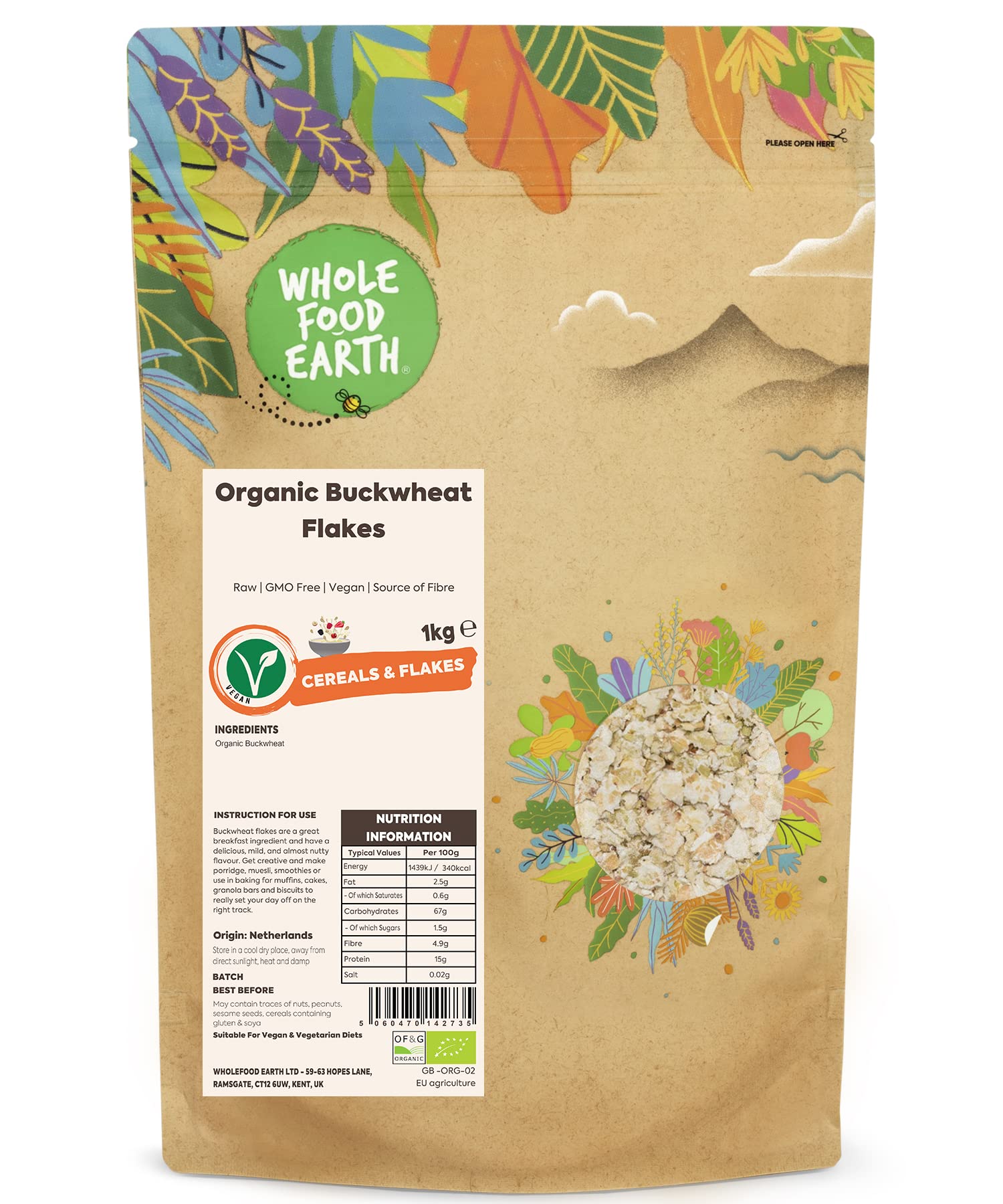 Wholefood Earth Organic Buckwheat Flakes - 1 kg | Raw | Vegan | Source of Fibre