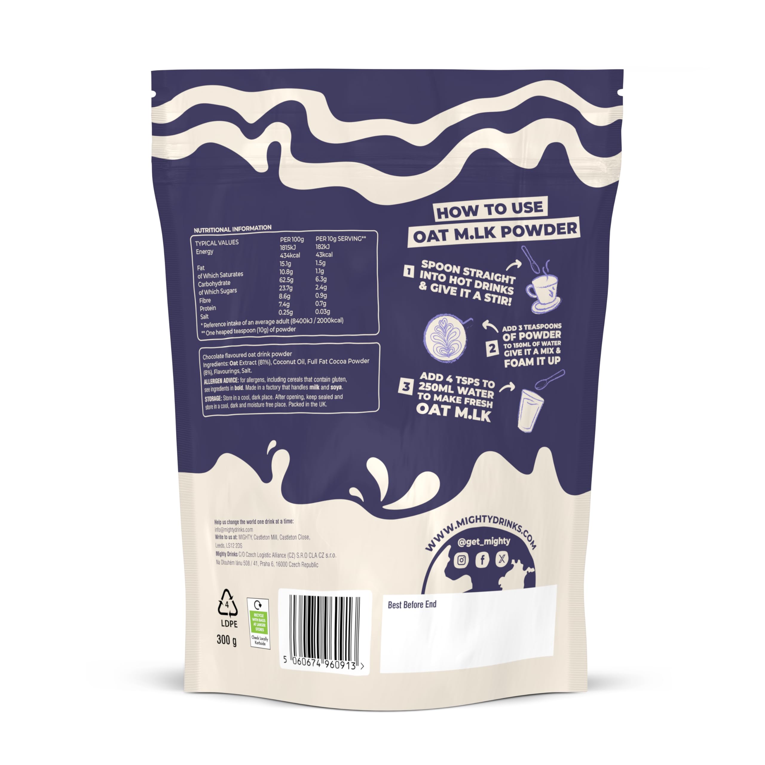 Mighty Chocolate Oat M.LK Powder (300g Bag, Makes Up to 30 Hot Drinks), Vegan Plant-Based Coffee Creamer