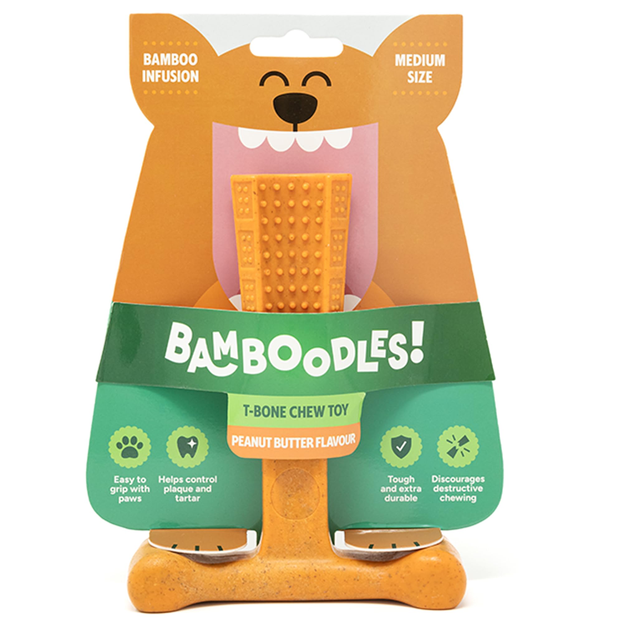 Bamboodles T-Bone Dog Chew Toy - Medium Size | Peanut Butter Flavour | Durable Bamboo Blend