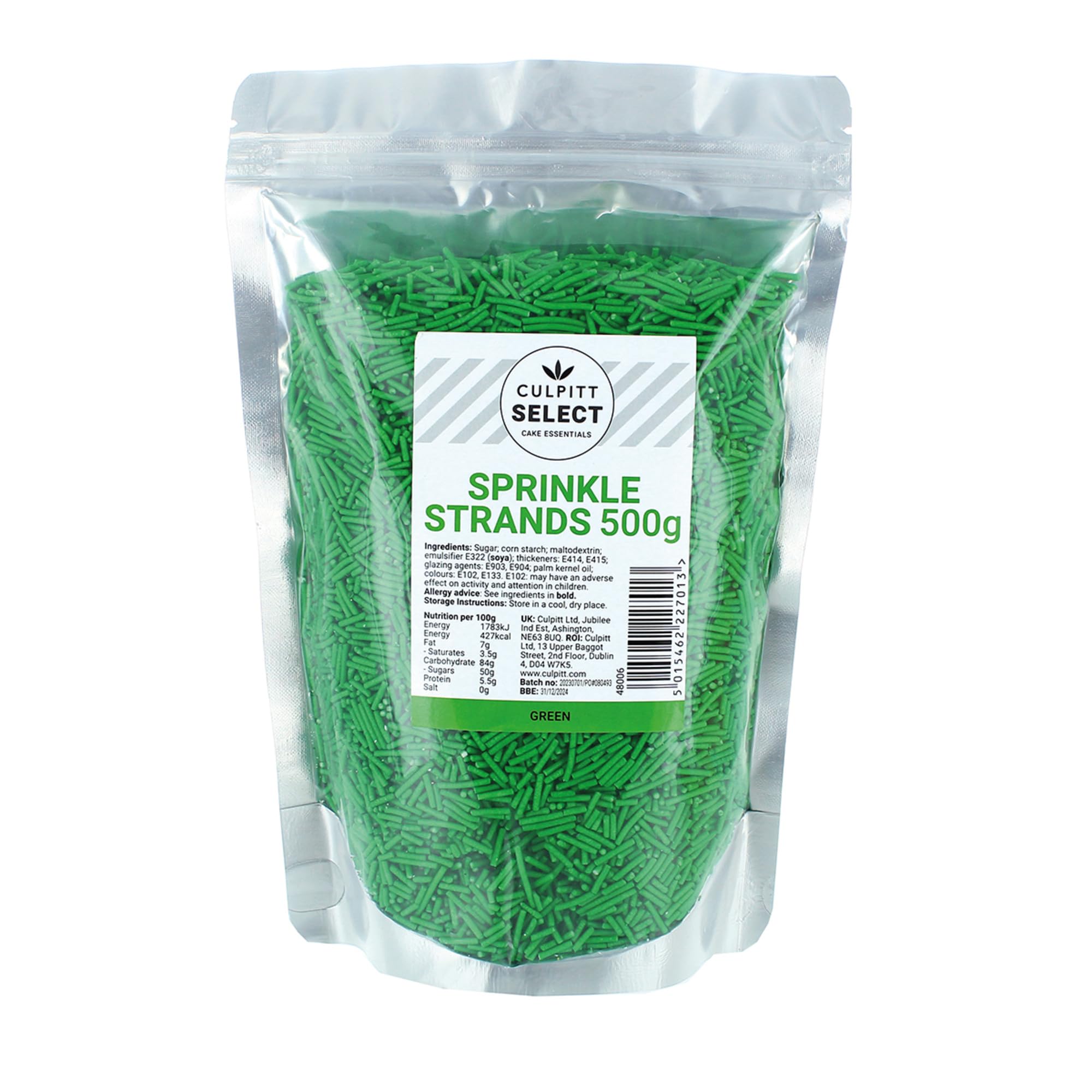 Culpitt Select Green Sugar Strands Sprinkles - 500g Resealable Pouch | Edible Cake Decoration