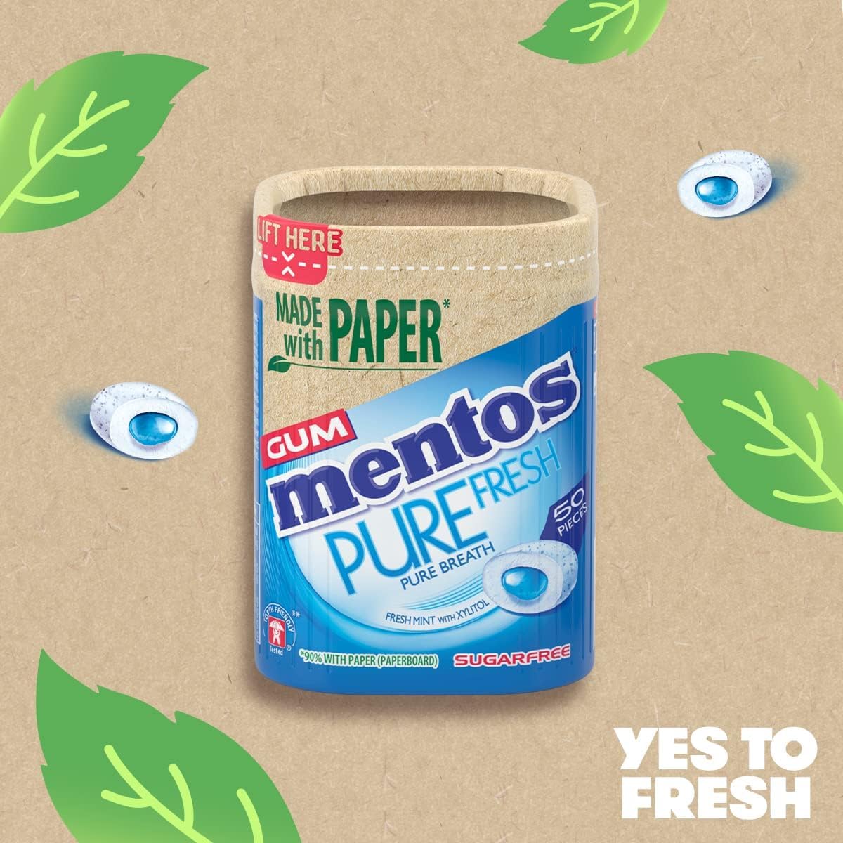 MENTOS Pure Fresh Sugar Free Chewing Gum - Fresh Mint Flavor | 50 Count (Pack of 6)
