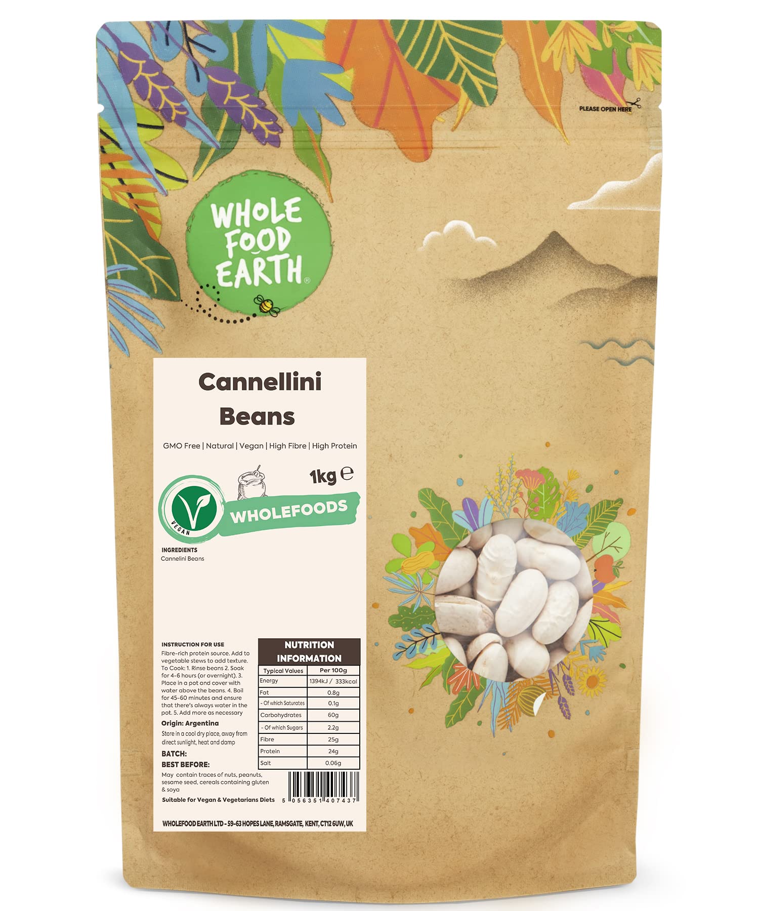 Wholefood Earth Cannellini Beans - 1kg Whole Dried Pulses | High Fibre | GMO Free 1