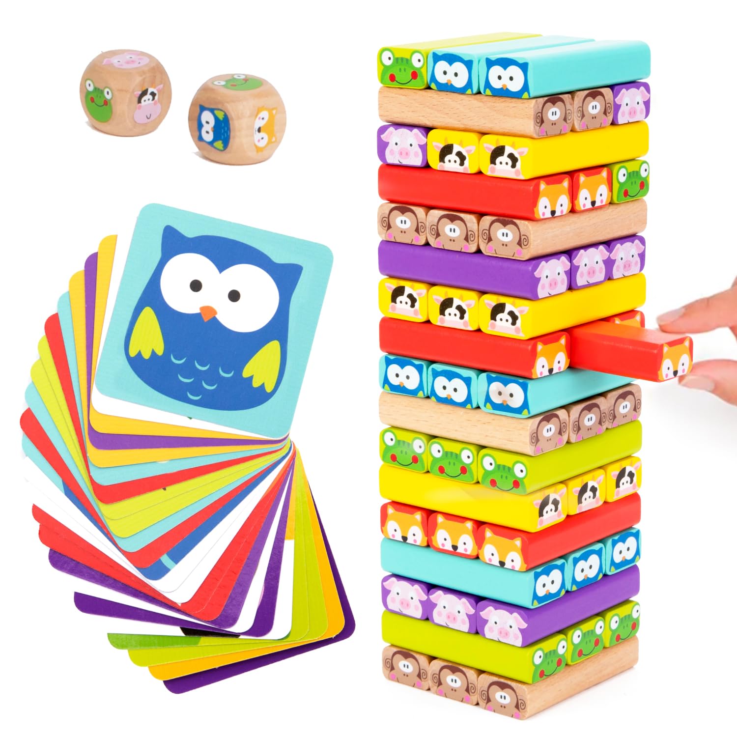 Nene Toys 4-in-1 Wooden Tumble Tower Game with Animals & Colors - Family Board Game