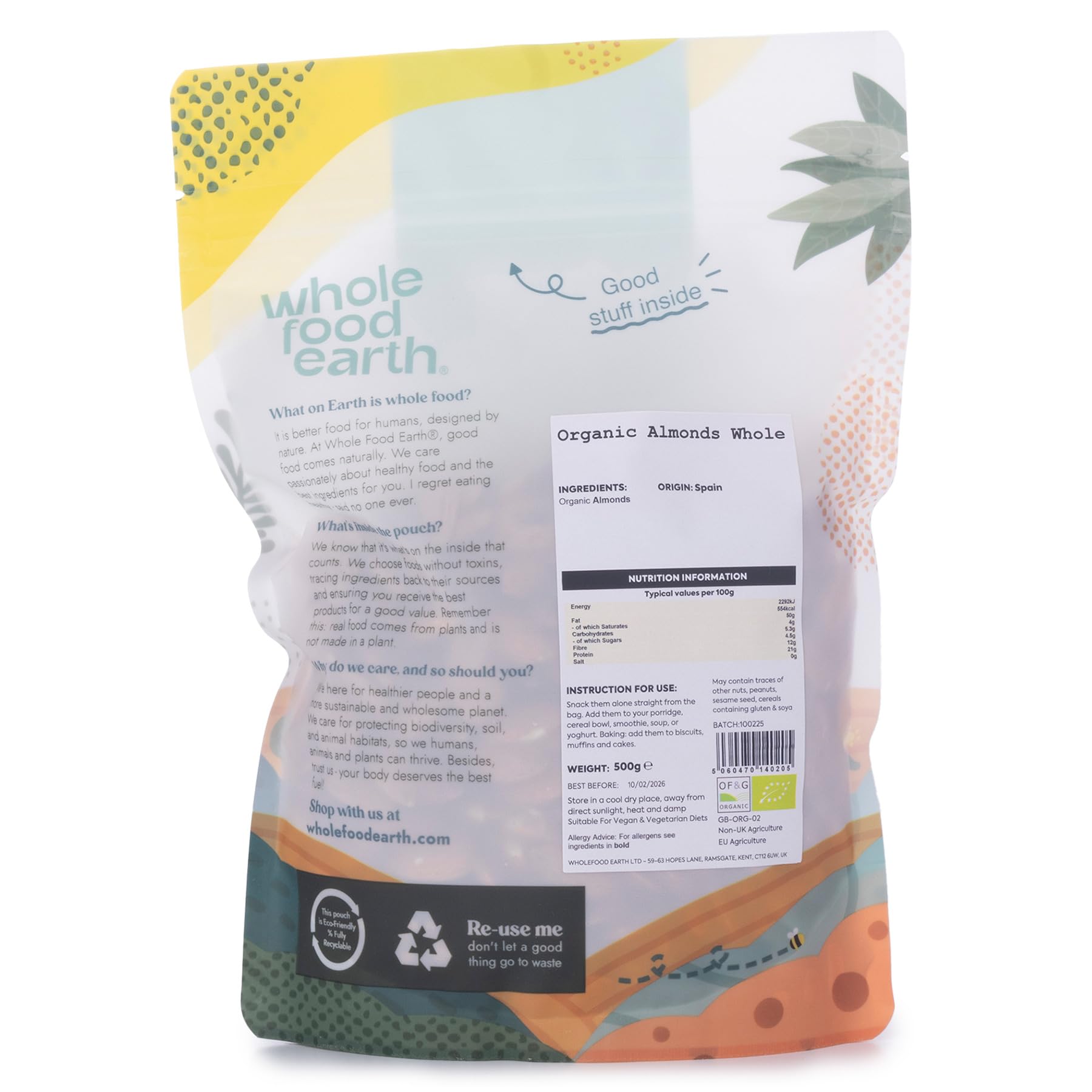 Wholefood Earth Organic Almonds Whole – 500g | Raw | GMO Free | Vegan | High Fibre | Source of Protein | Certified Organic