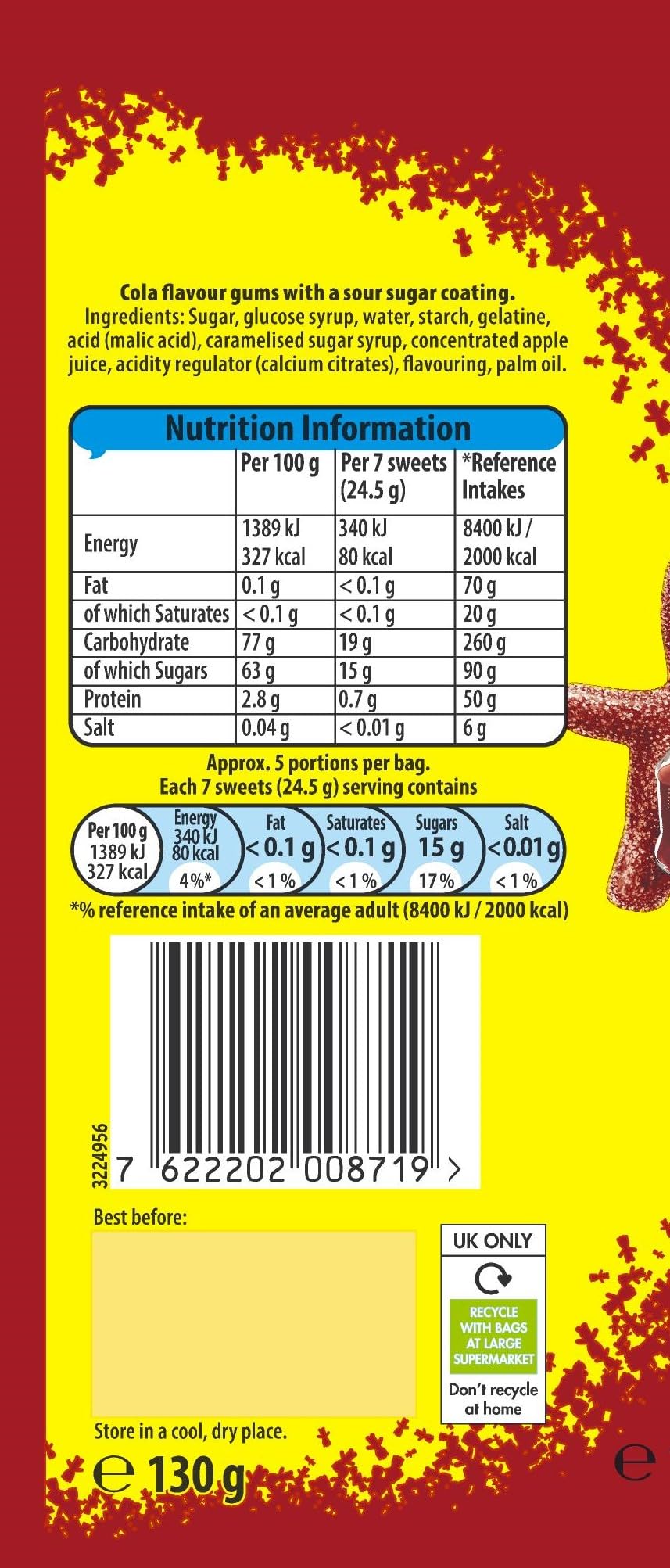 Sour Patch Kids Cola-Geschmack, spritzig sauer, dann süß, Kaubonbons, 130 g