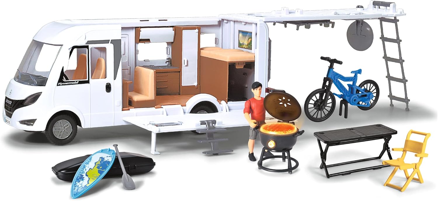 Dickie Toys 203837021 Caravan Playset - 30 cm Folding Camping Trolley with Lights & Accessories (White) 4