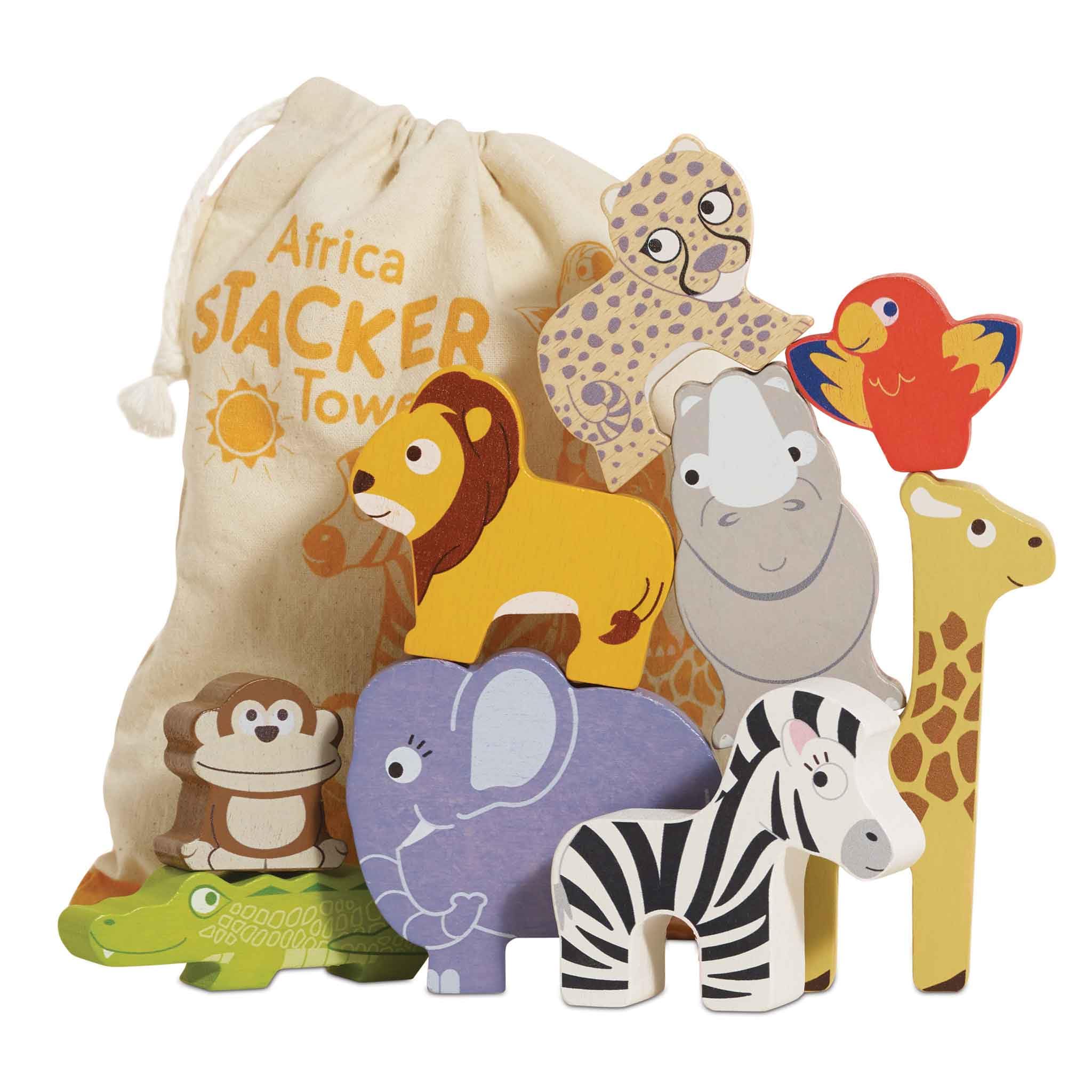 Le Toy Van Petilou Africa Stacker & Bag - Wooden Balancing Toy for Toddlers 18m+ | 9 Pieces