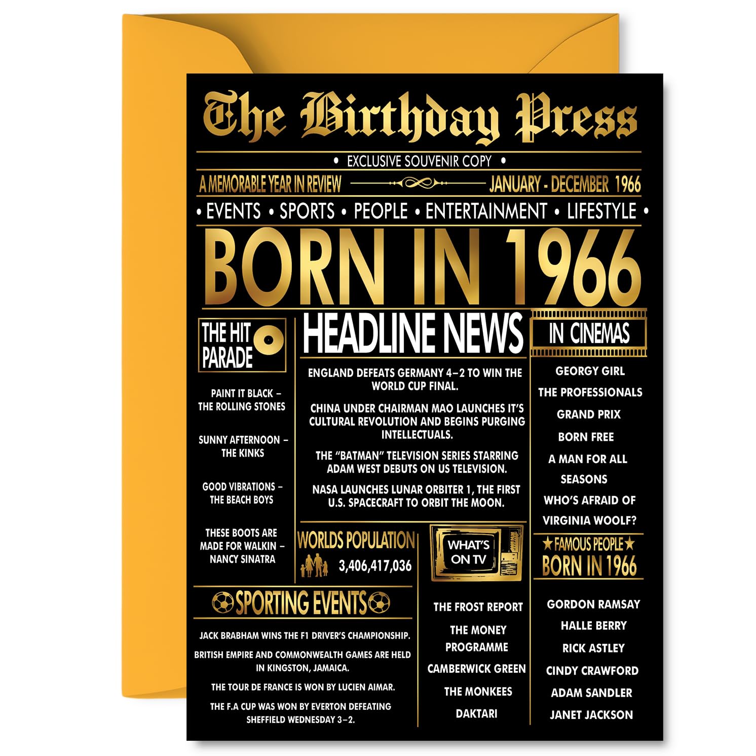 Stuff4 60th Birthday Card for Men & Women - Black & Golden Newspaper Design Born in 1966