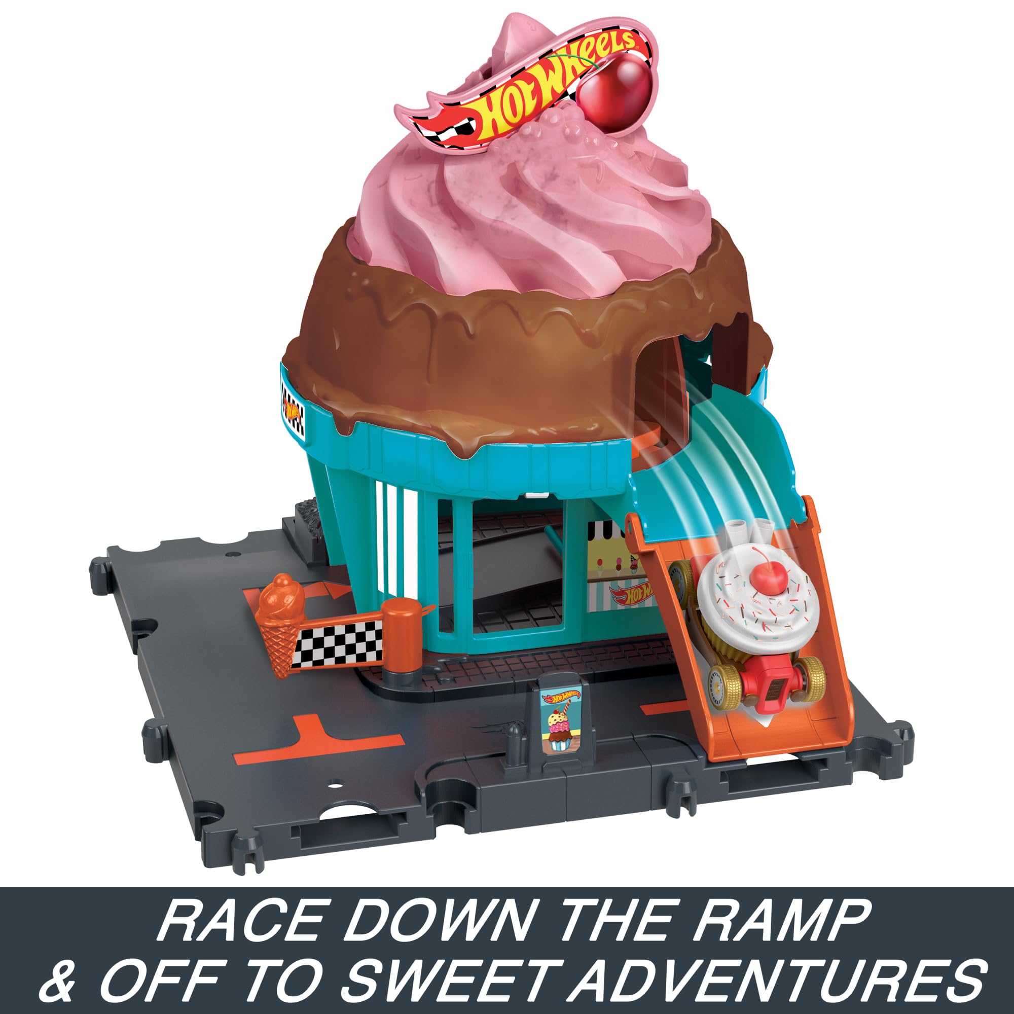Hot Wheels City Downtown Ice Cream Swirl Playset - Track Set with 1:64 Car, Connects to Other Sets, Inspired by Netflix "Let's Race", HTN77 4