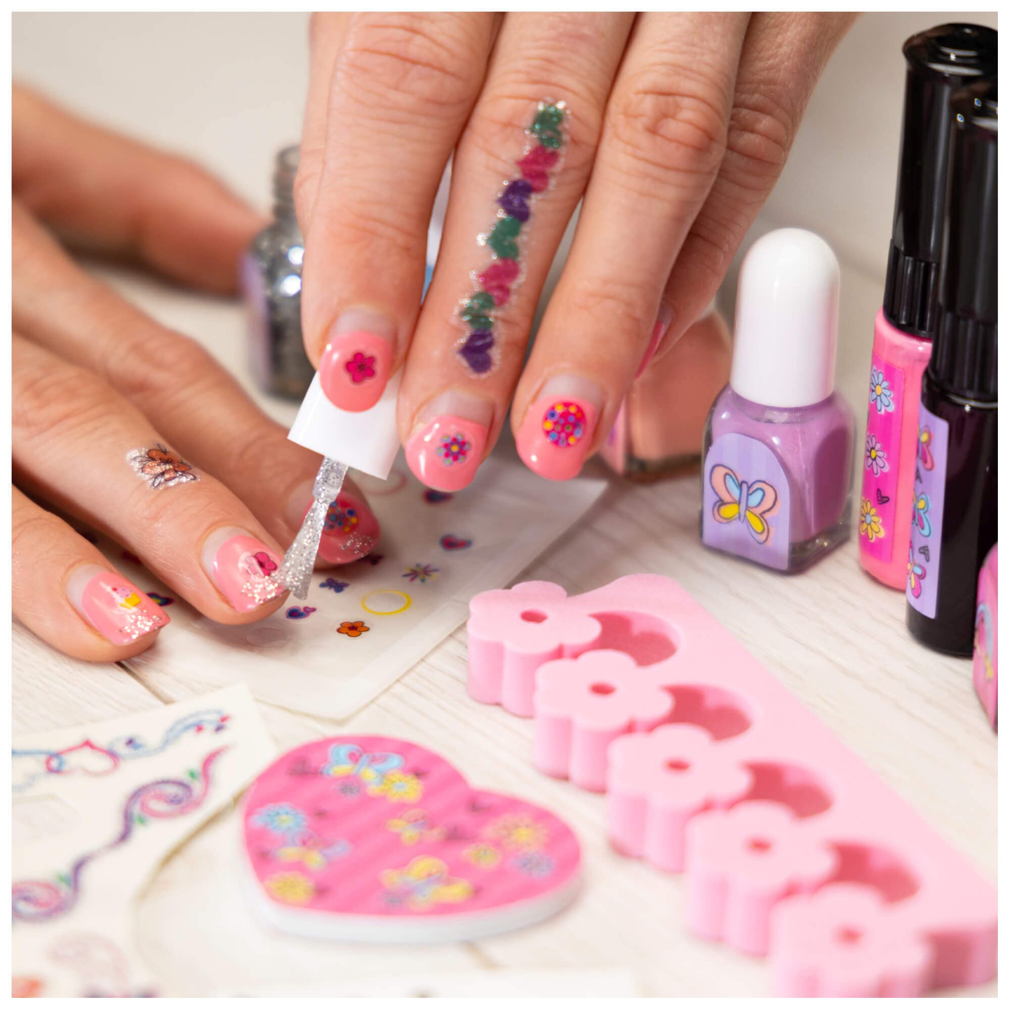 Galt Toys Nail Designer Kit for Kids, 7+ Years, 7 Colors & 2 Nail Pens with Stickers, Gems, and Glitter Varnish 9