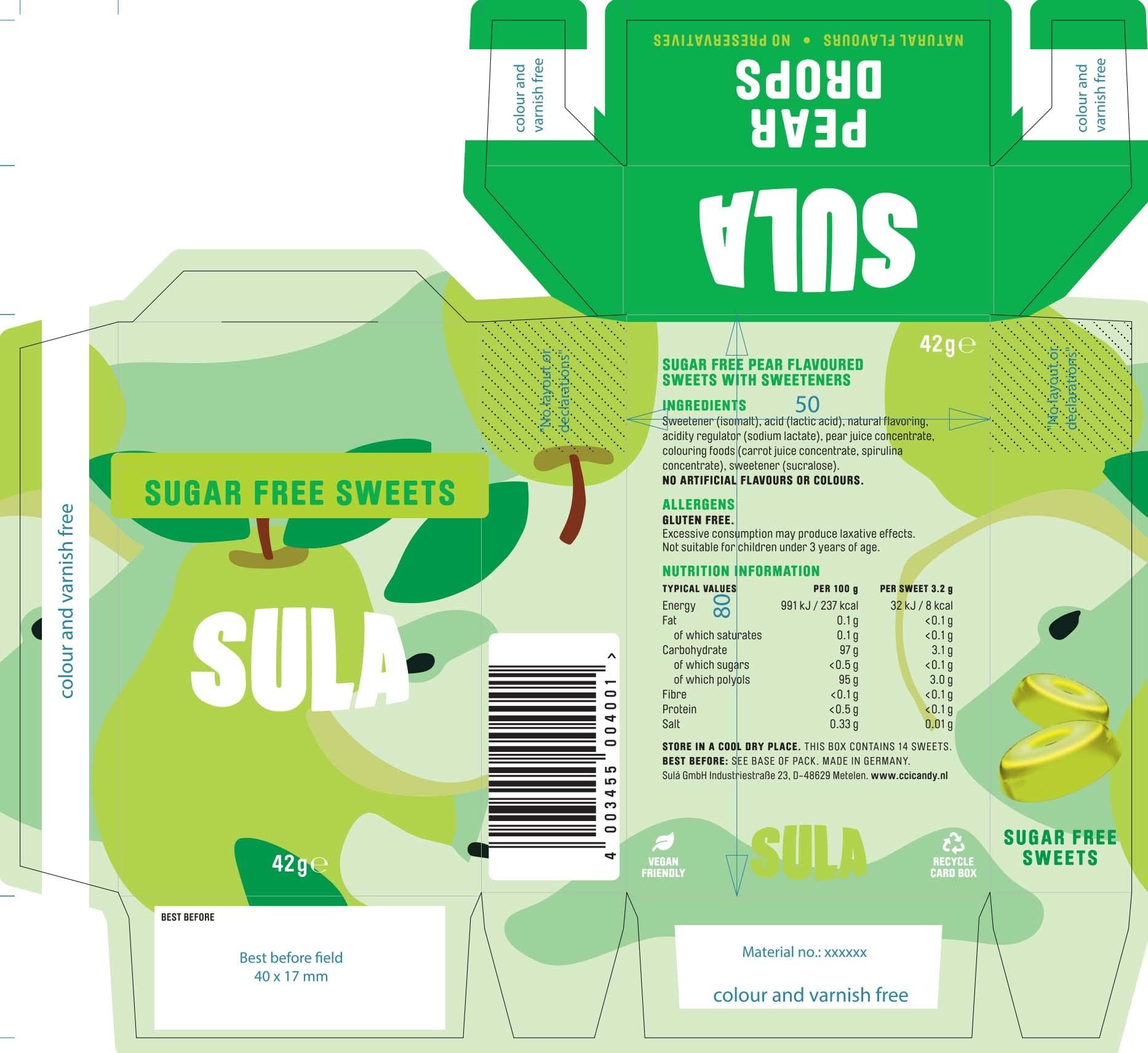 Sula Pear Drops Sugar-Free Boiled Sweets, Natural Flavour, 42g Pack