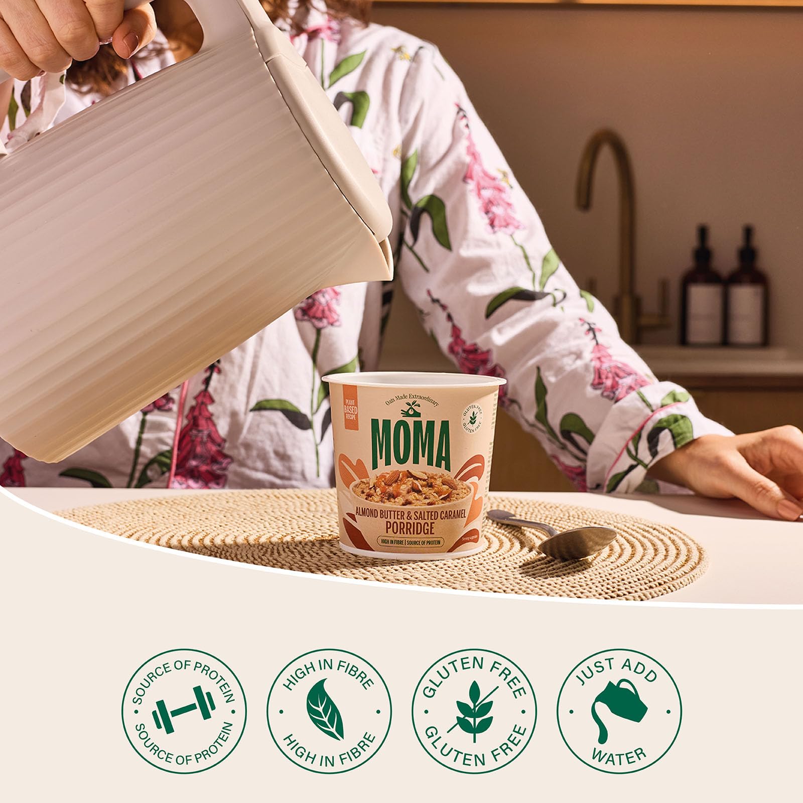 MOMA Almond Butter & Salted Caramel Instant Porridge Pot - 55g - Gluten Free, Dairy Free, Vegan Oat Breakfast 3