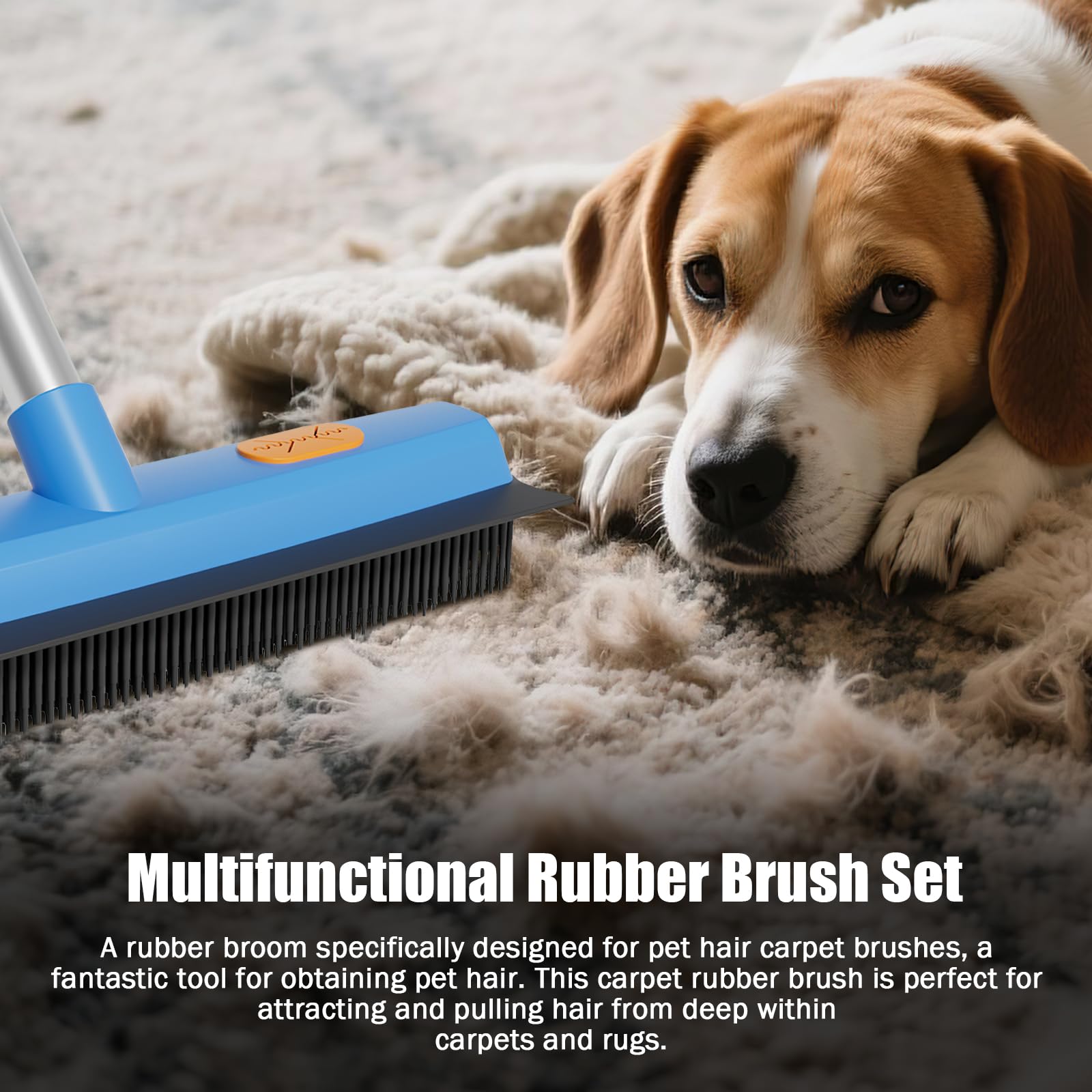 Woobroo - Rubber Brush Pet Hair Removal Broom with Squeegee and 149cm Adjustable Handle