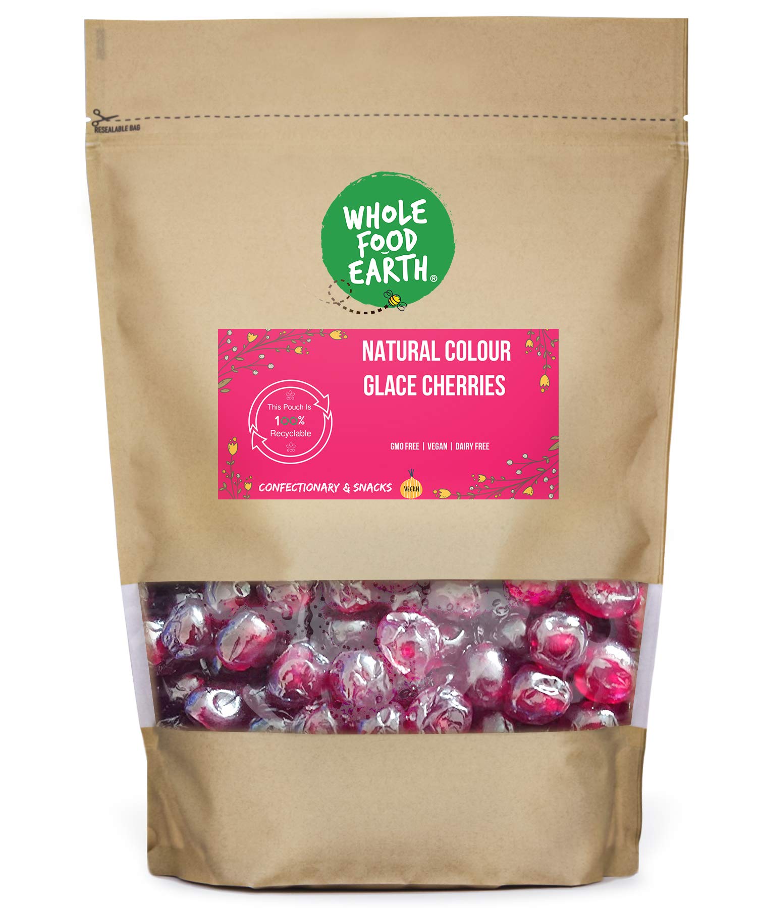 Wholefood Earth Glace Cherries 500g | GMO Free, Vegan, Recyclable Packaging