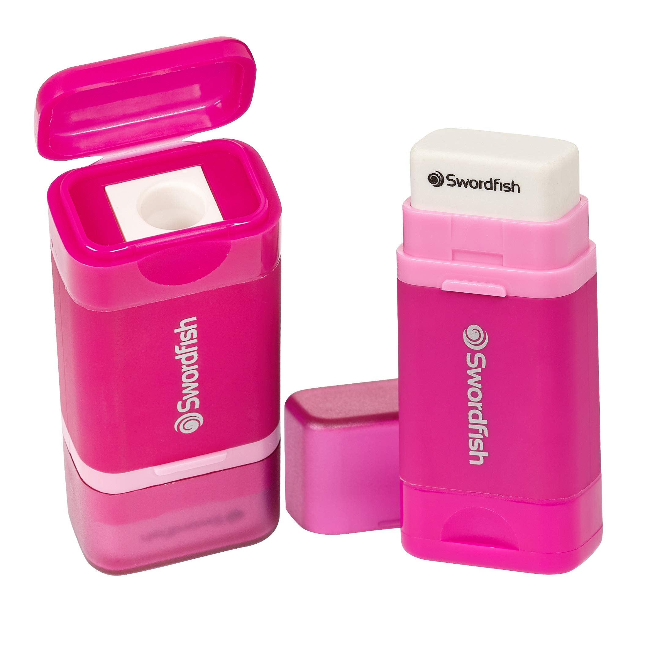 Swordfish Combo Pencil Sharpener with Mess-Free Canister and Eraser | Pink | Pack of 1