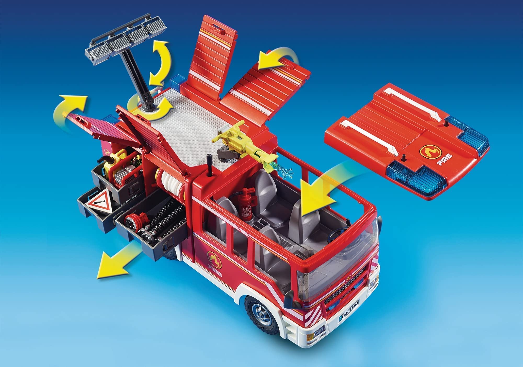 Playmobil 9464 Fire Engine with Working Water Cannon, Light & Sound Effects, Firefighter & Helicopter Playset for Kids 4+ 6