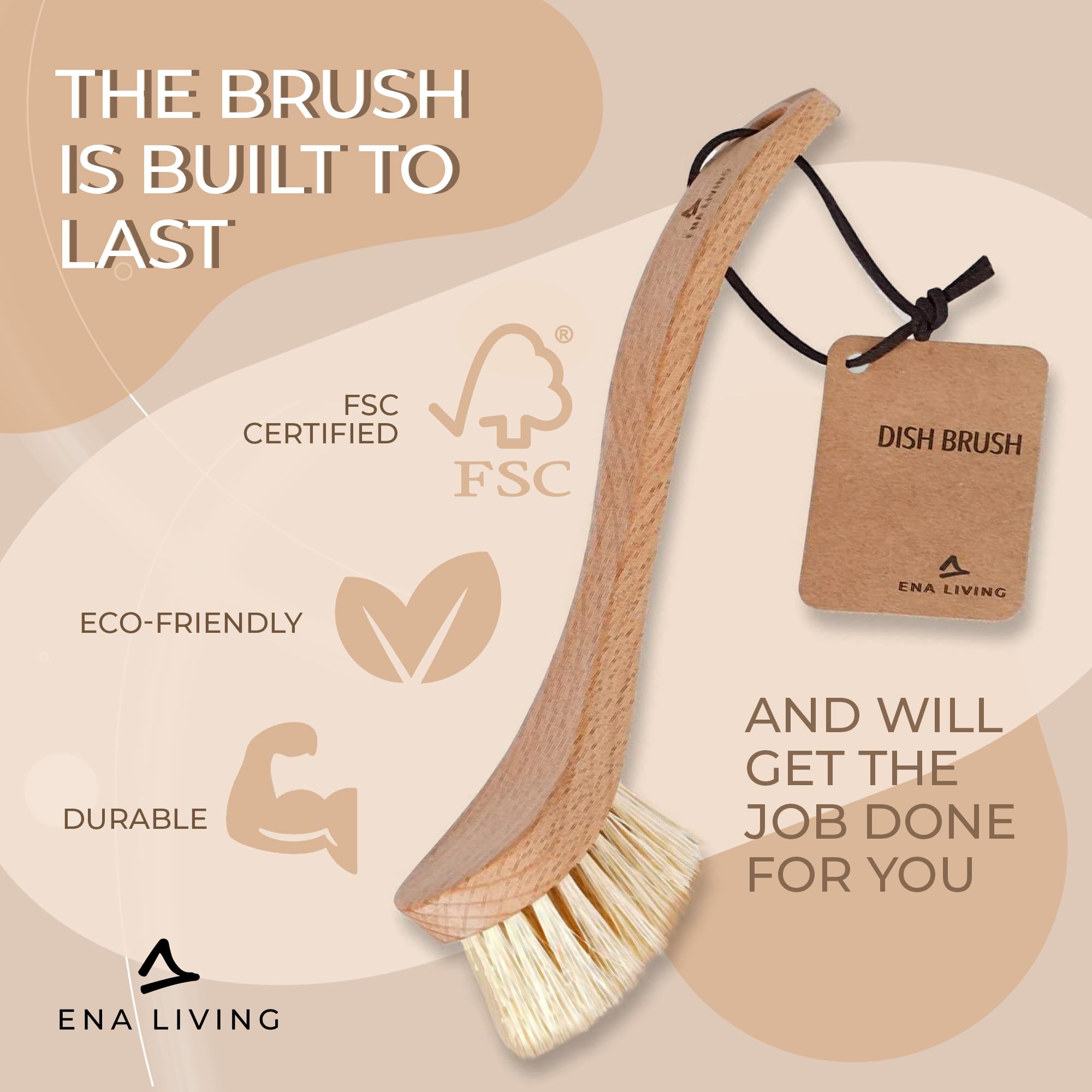 ENA Living Wooden Dish Brush (26x4 cm) | FSC-Certified Beechwood with Horsehair Bristles 4