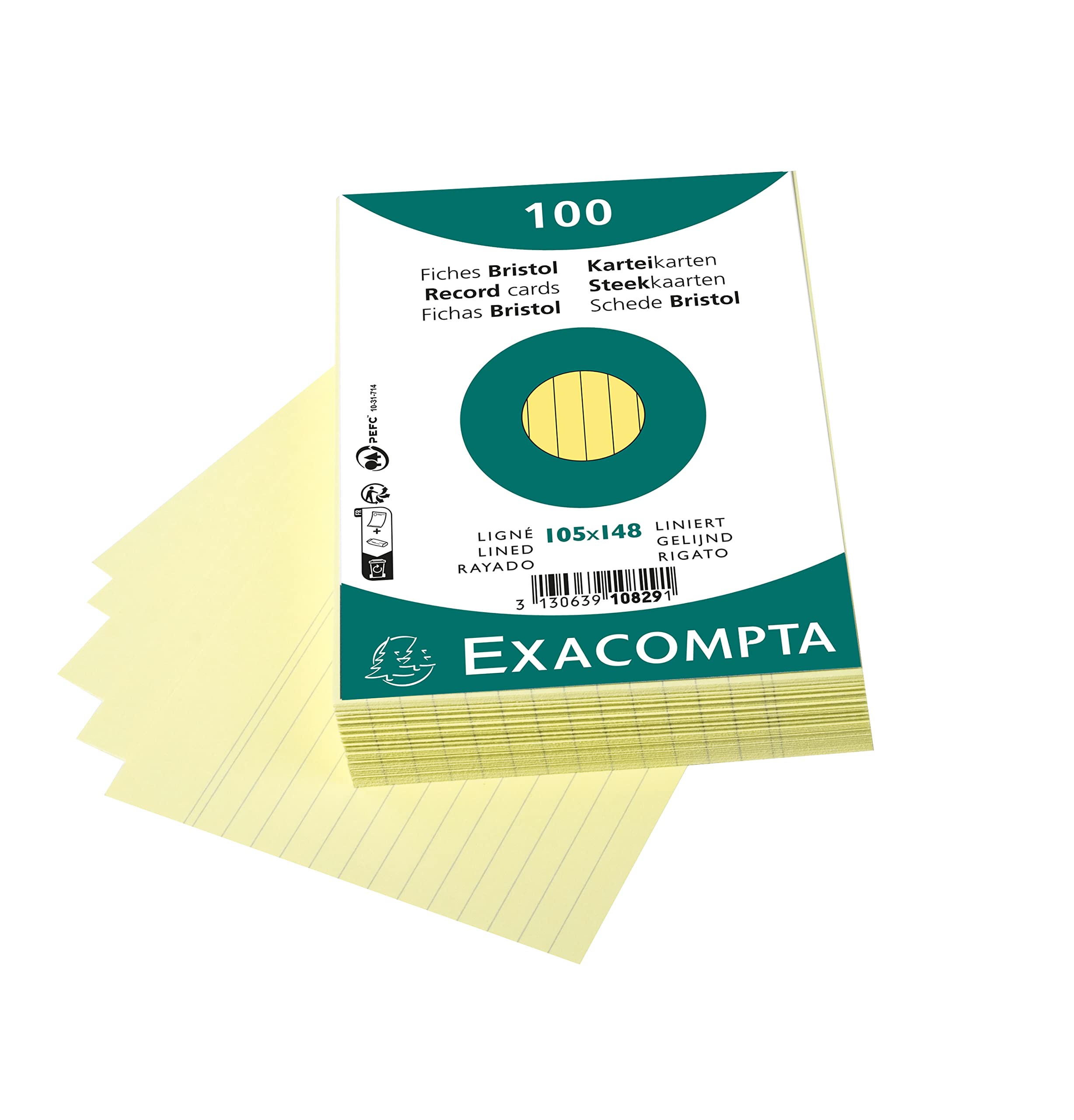 Exacompta Bristol Lined Record Cards Ref 10829SE - A6 Yellow Card Stock | Pack of 100