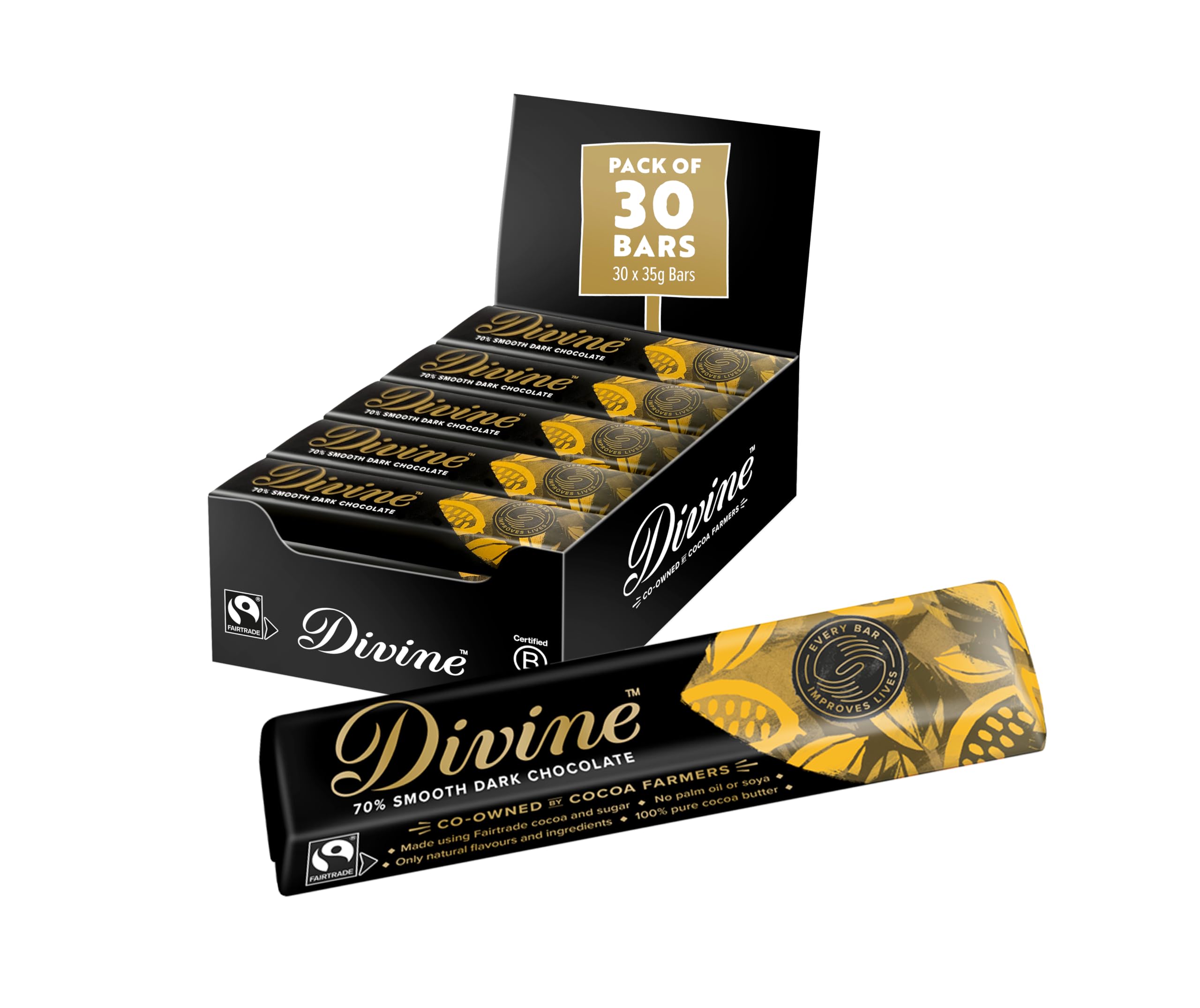 Divine 70% Cocoa Dark Chocolate - 35 g Bars (Pack of 30)