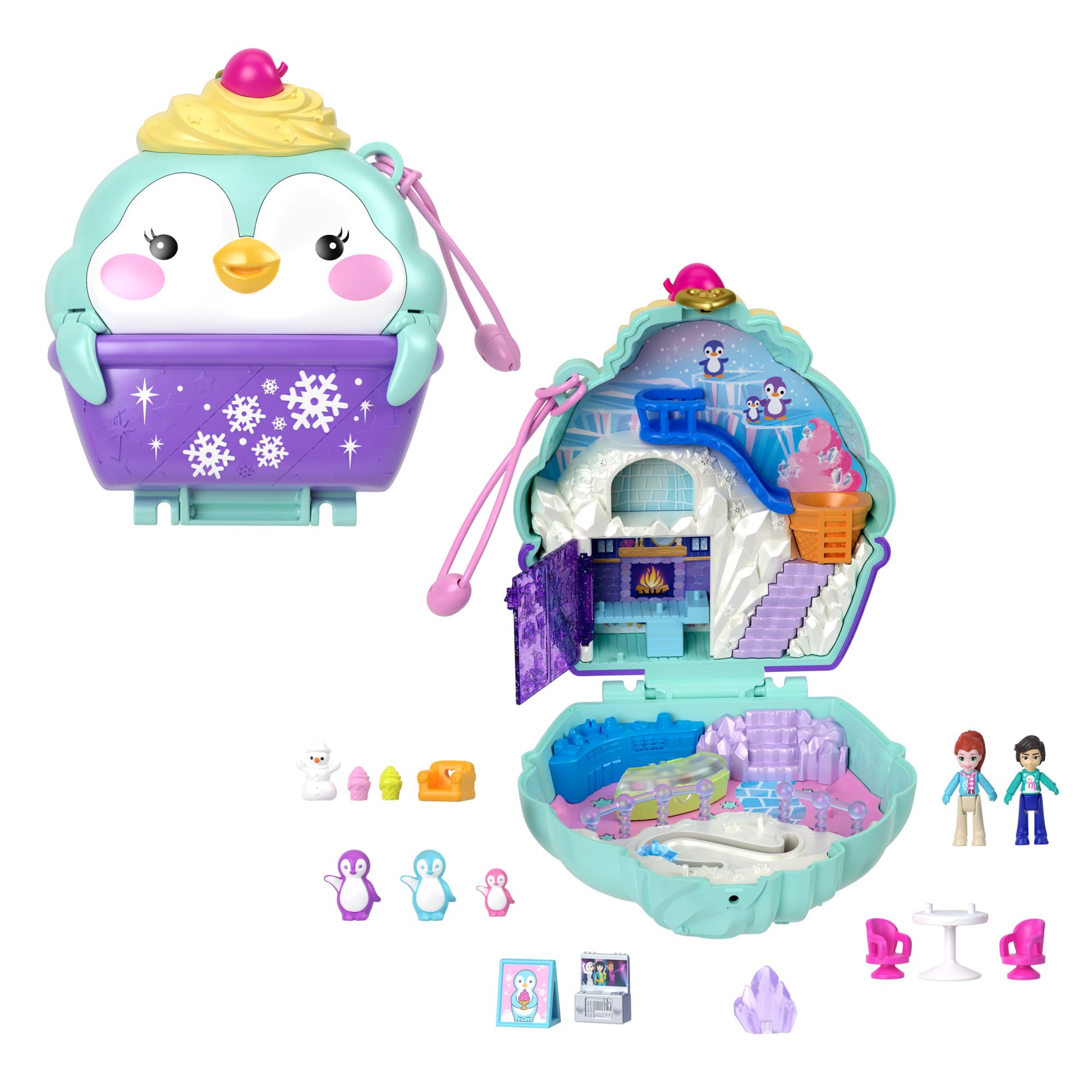 Polly Pocket Snow Sweet Penguin Compact Playset - 13 Accessories & 6 Storytelling Features, Ages 4+