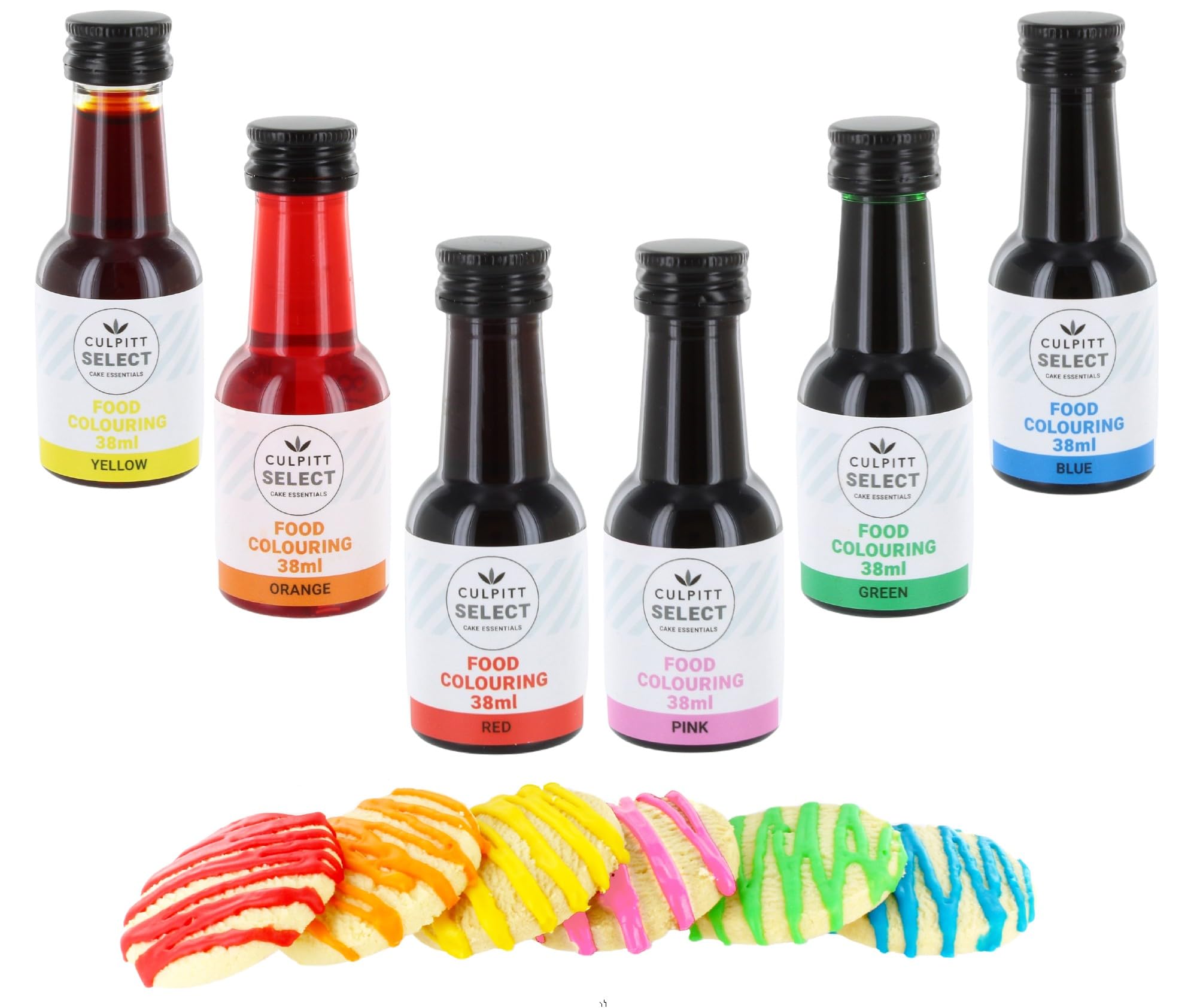 Culpitt Select – Flüssige Lebensmittelfarbe, 6er-Pack | Rot, Orange, Gelb, Blau, Grün, Pink | 38-ml-Flaschen